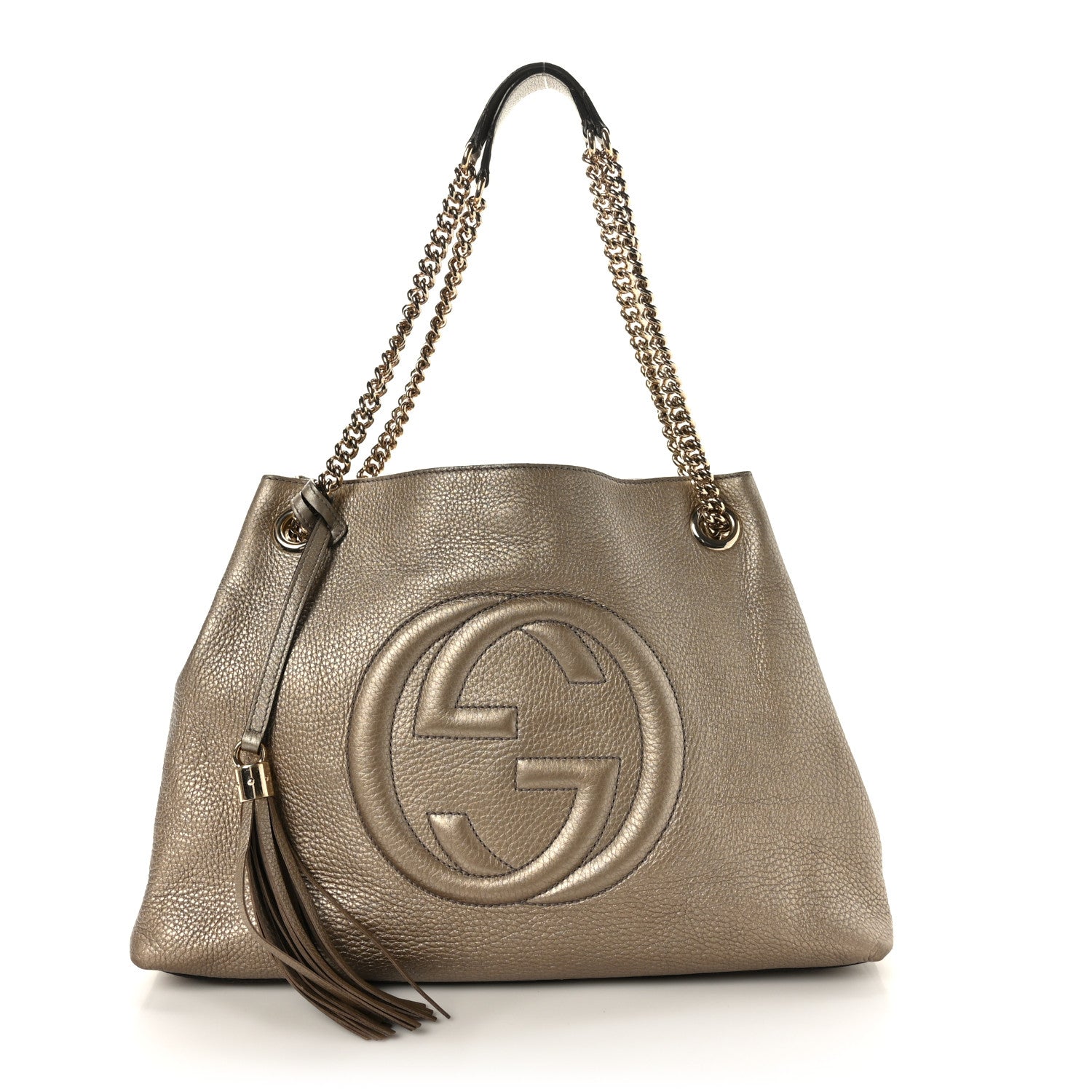 Gucci Metallic Pebbled Calfskin Medium Soho Chain Shoulder Bag Golden Beige 1 of 9