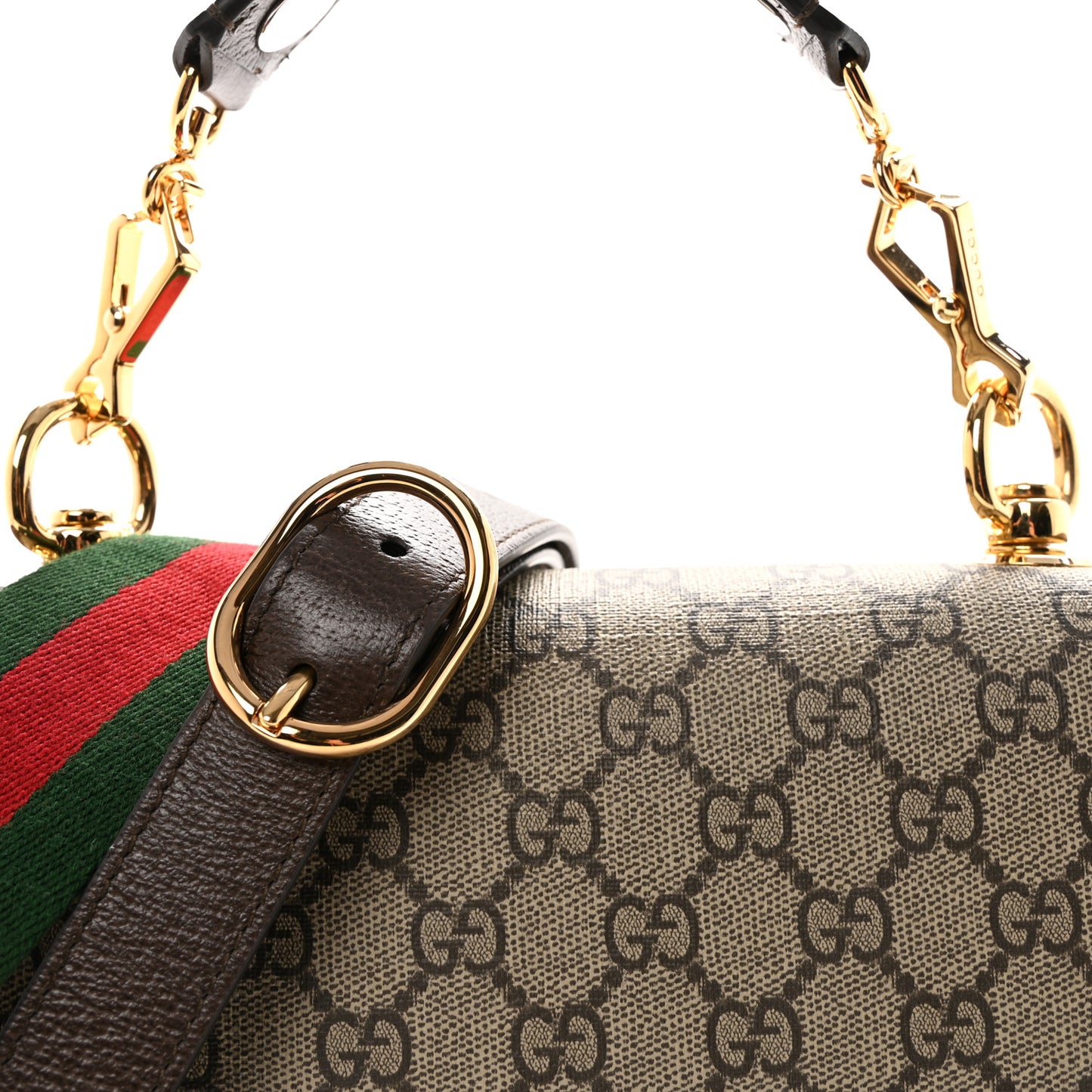 GG Supreme Monogram Textured Dollar Calfskin Web Medium Blondie Top Handle Shoulder Flap Bag Beige Ebony New Acero
