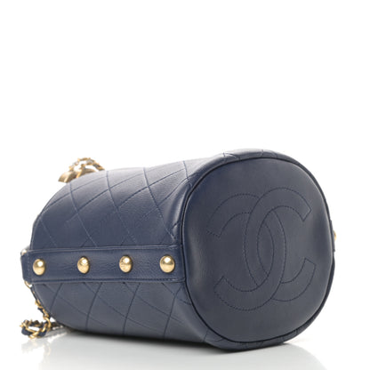Chanel Calfskin Tweed Medium CC Chain Bucket Drawstring Bag Navy Blue Multicolor 4 of 10