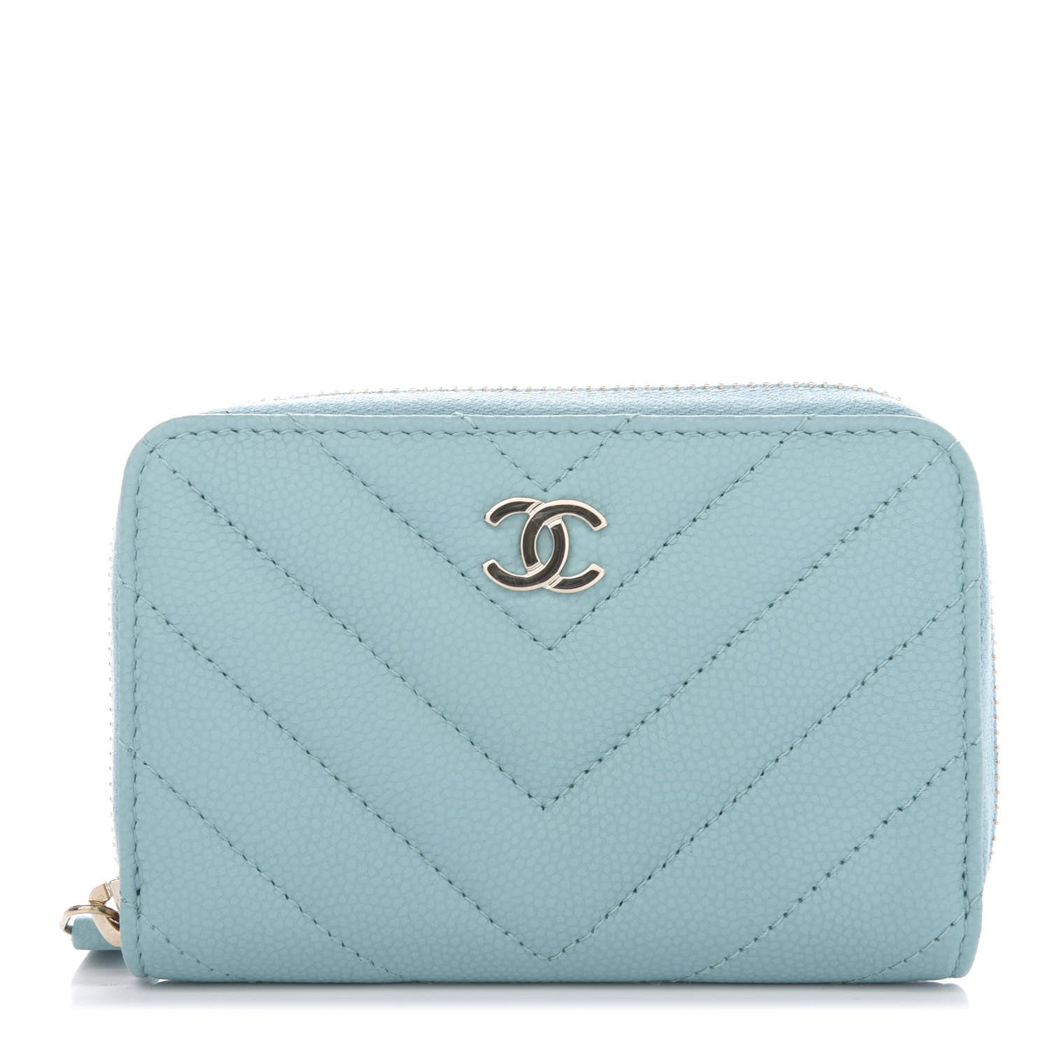 Chanel Caviar Flat Chevron Quilted Zip Coin Purse Green 1 of 8