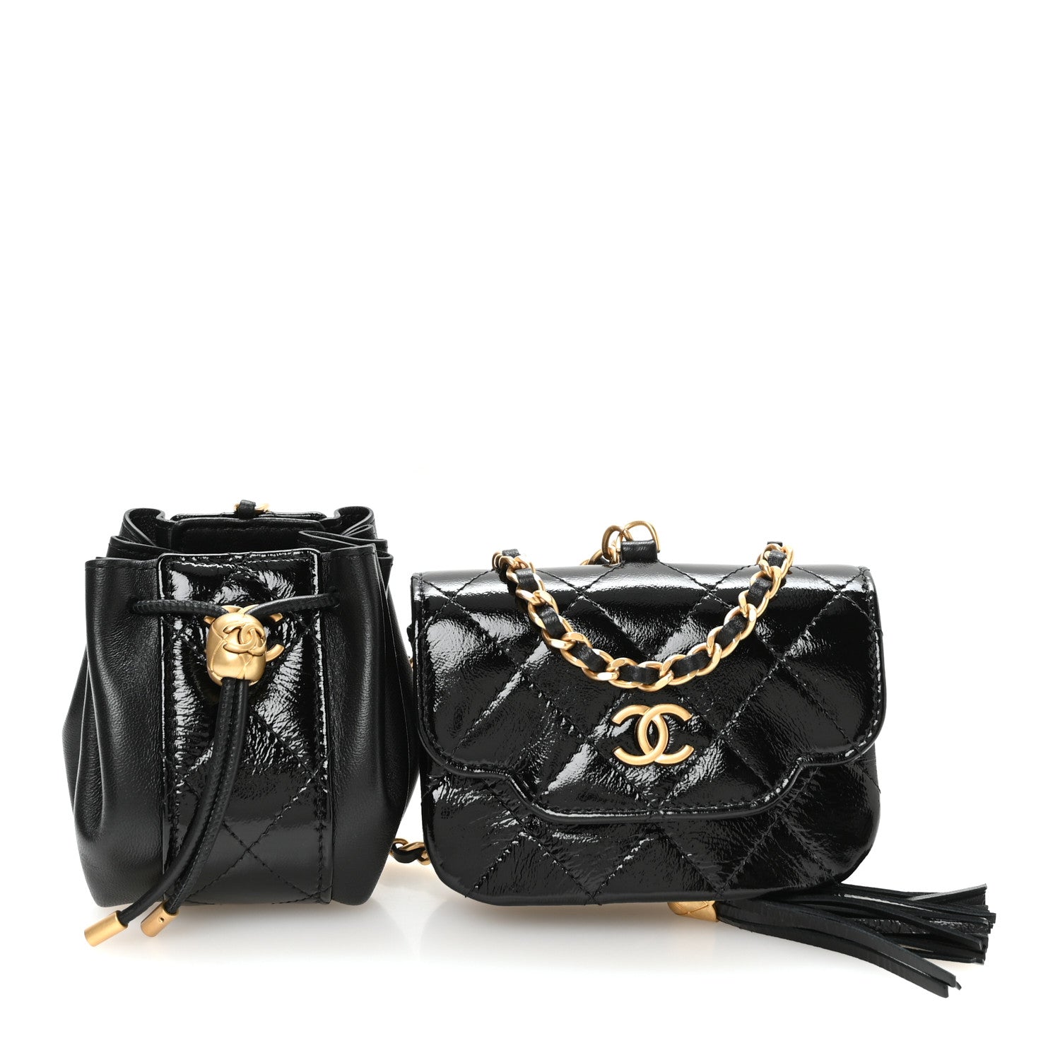 Chanel Crumpled Patent Lambskin Quilted Tassel Clutch With Chain Black 1 of 12