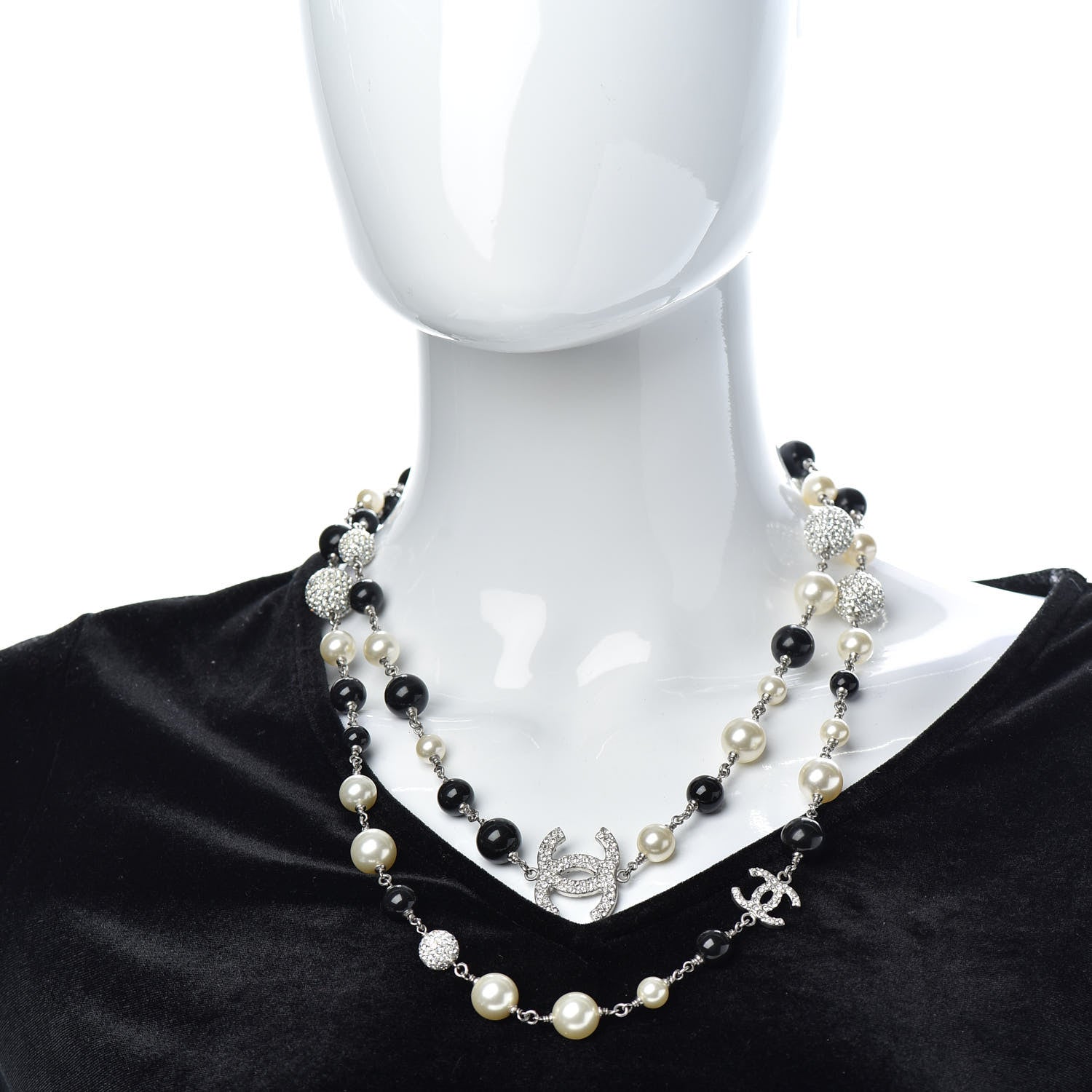Chanel Pearl Crystal Bead CC Long Necklace Black Silver 2 of 5