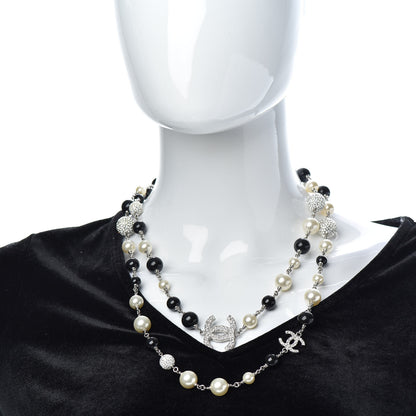 Chanel Pearl Crystal Bead CC Long Necklace Black Silver 2 of 5