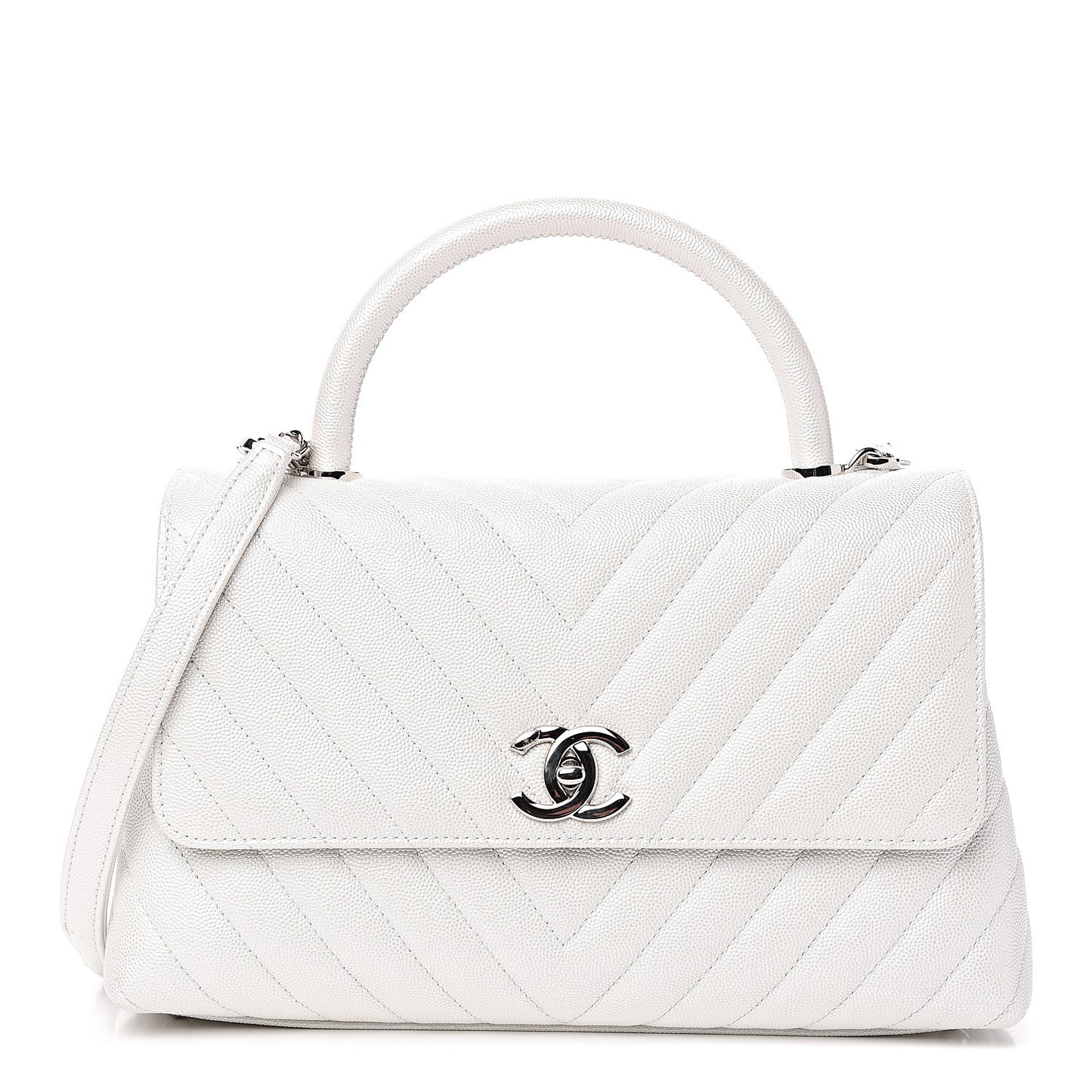 Iridescent Caviar Chevron Quilted Small Coco Handle Flap White