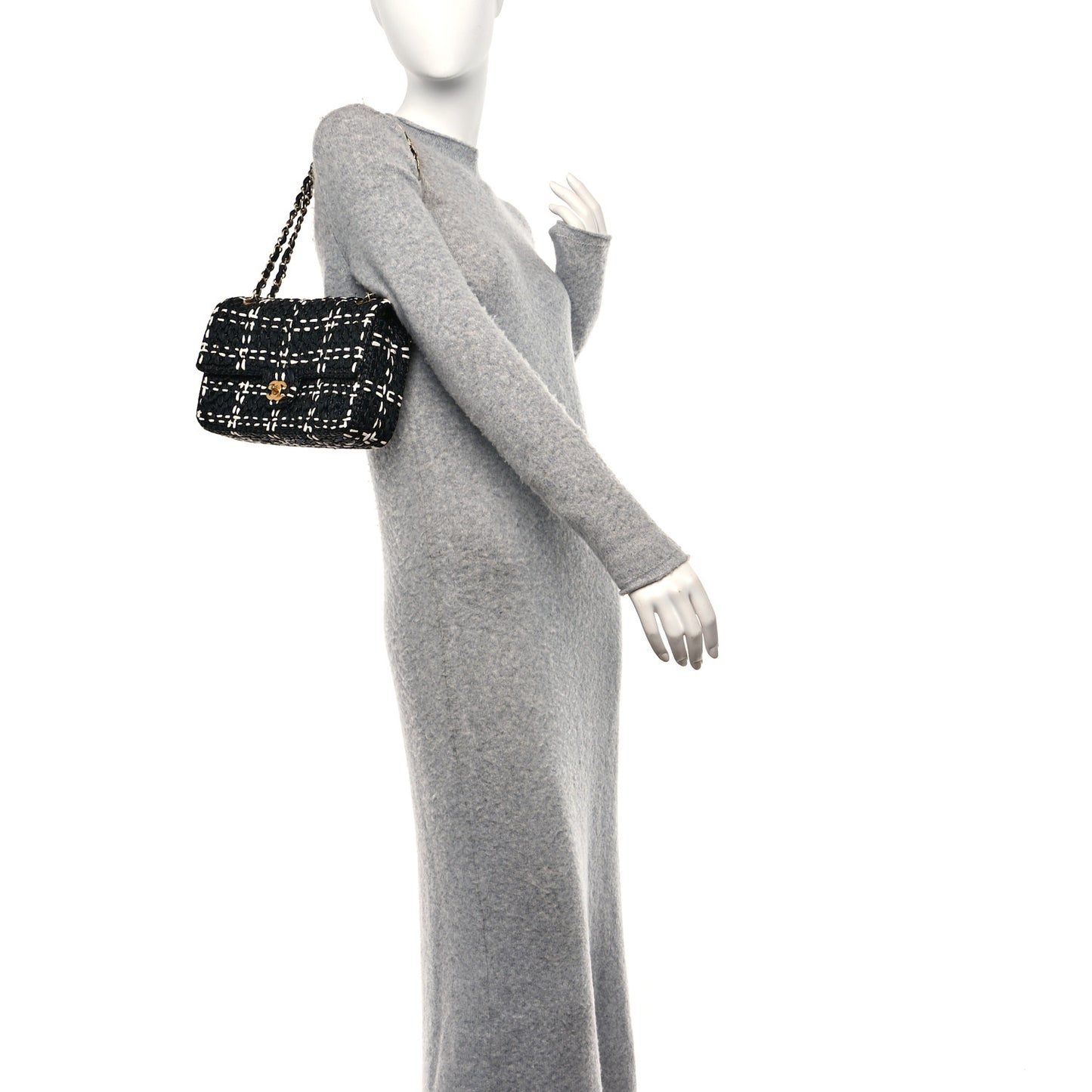 Raffia Effect Medium Tweedy Flap Bag Black White