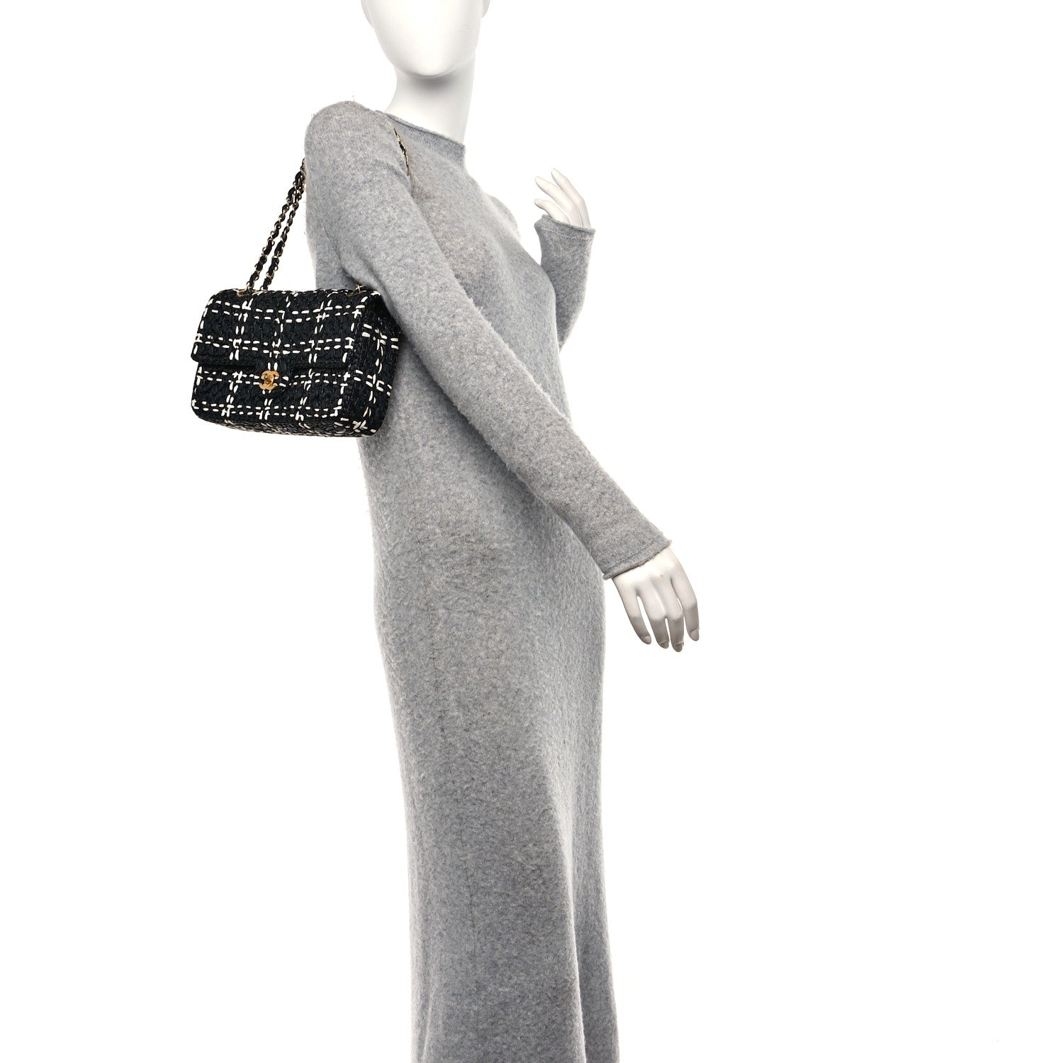 Chanel Raffia Effect Medium Tweedy Flap Bag Black White 2 of 14