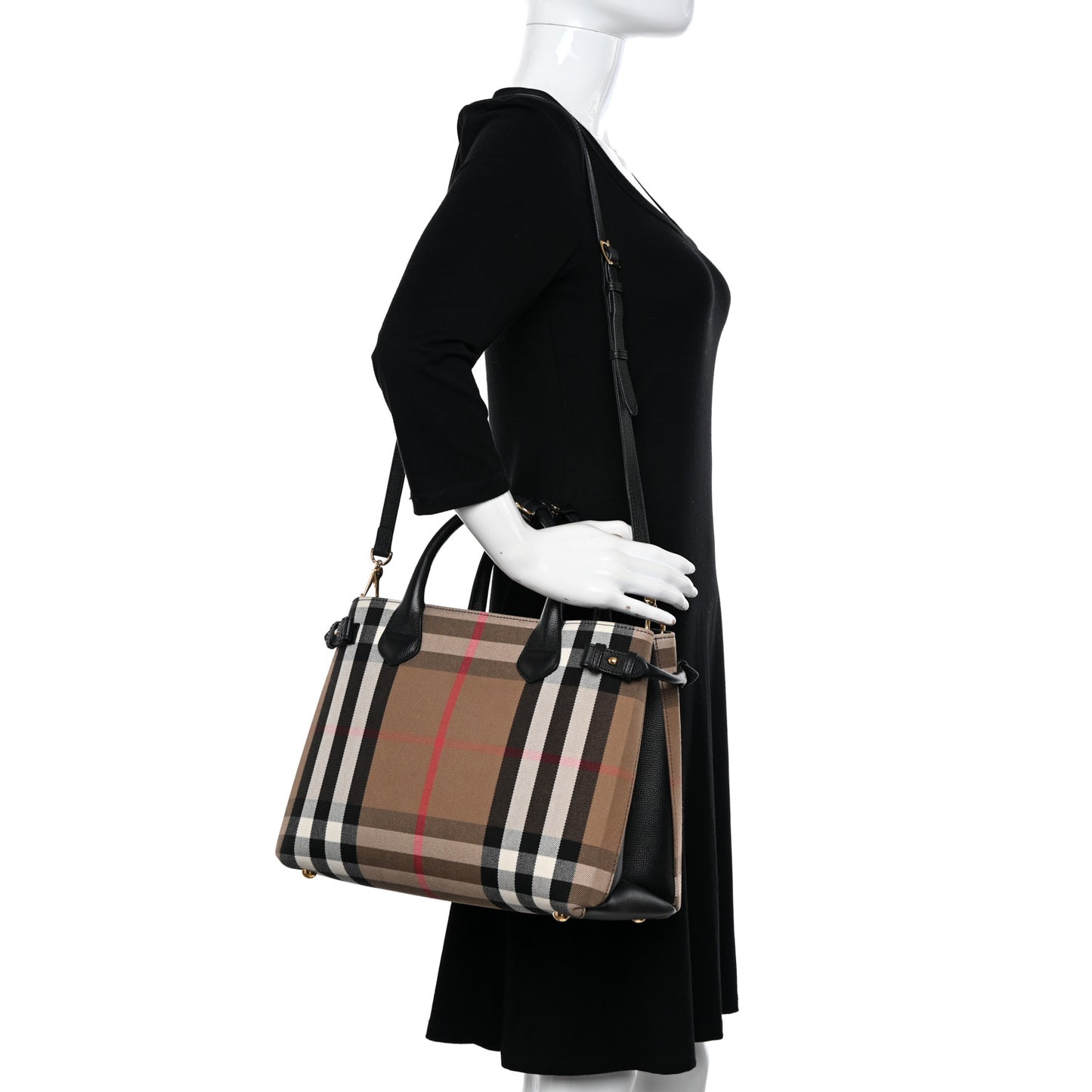 House Check Grainy Calfskin Medium Banner Tote Black