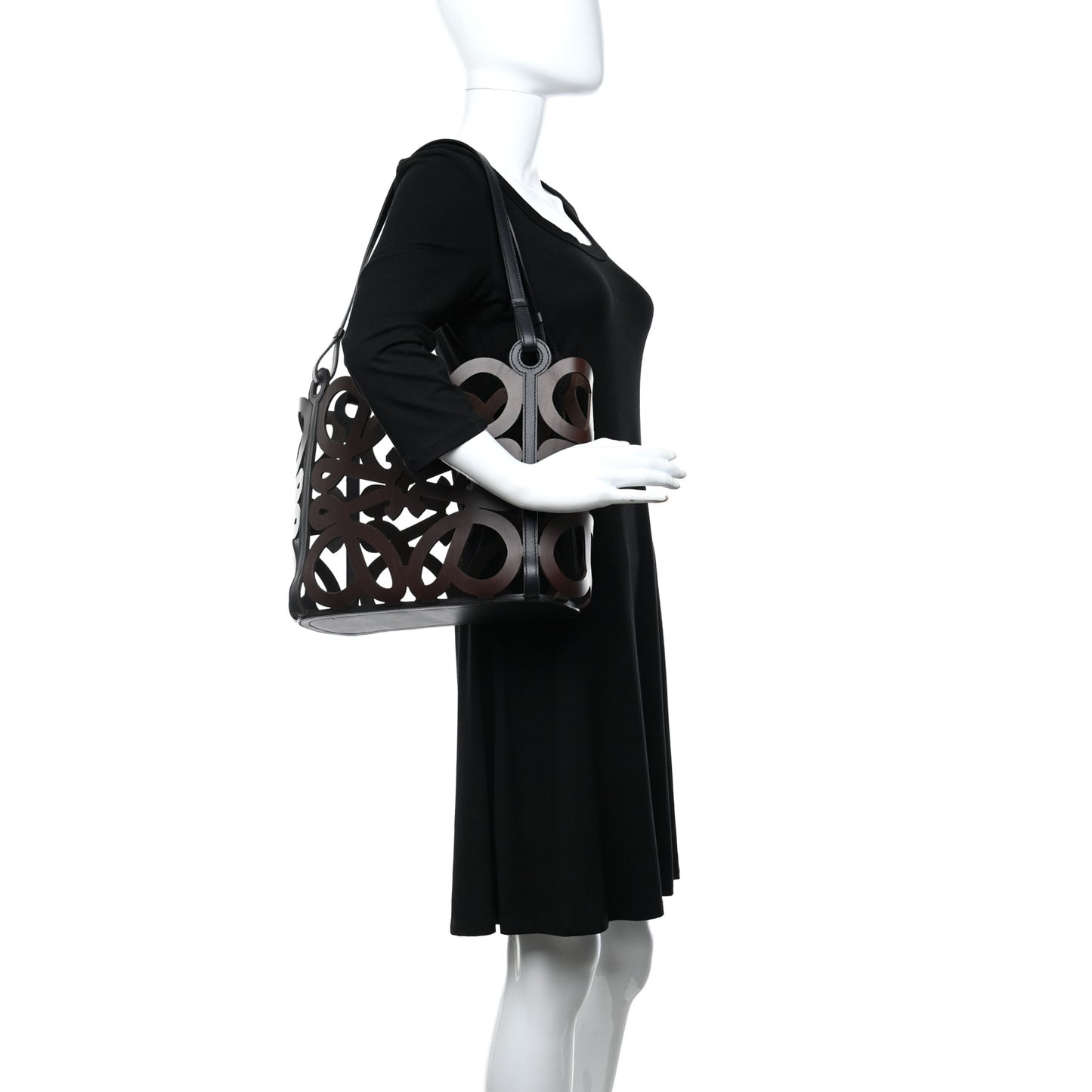 Smooth Calfskin Small Anagram Cutout Tote Brown Black