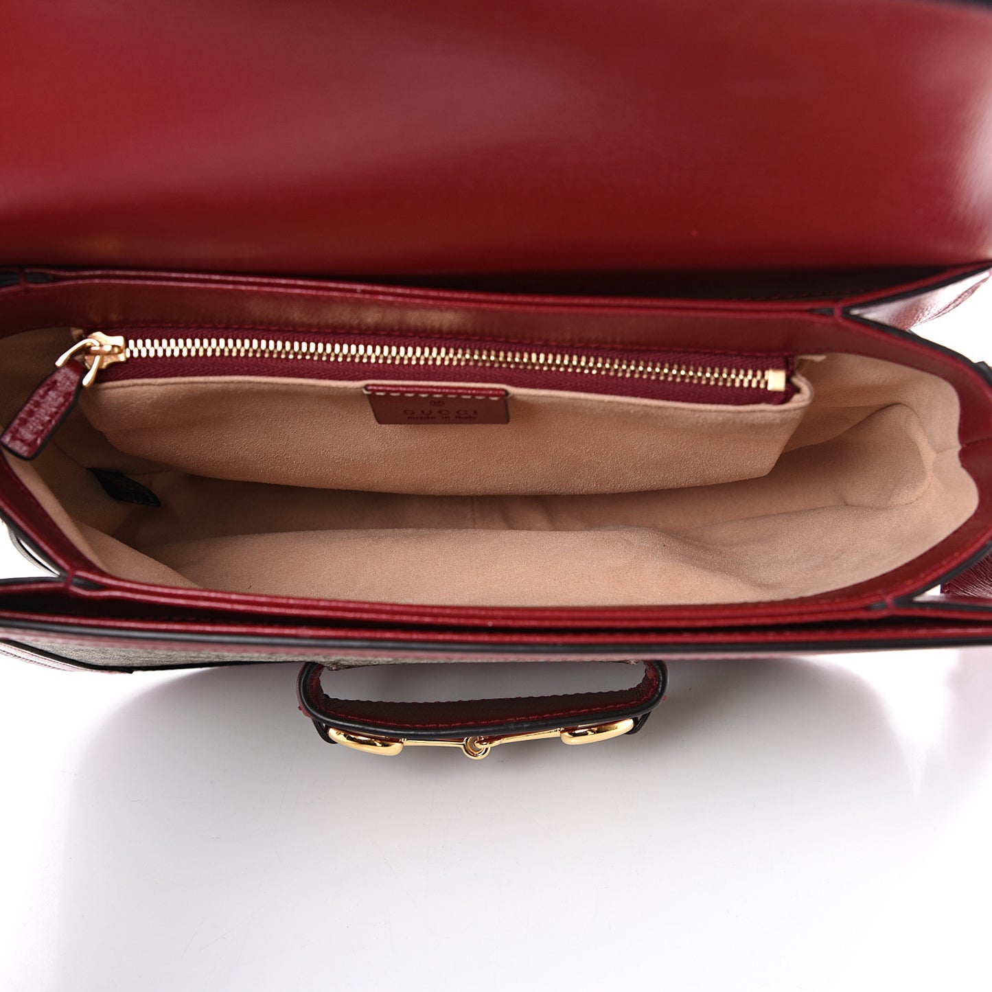 GG Supreme Monogram Azalea Calfskin Horsebit 1955 Shoulder Bag Beige Ebony New Cherry Red