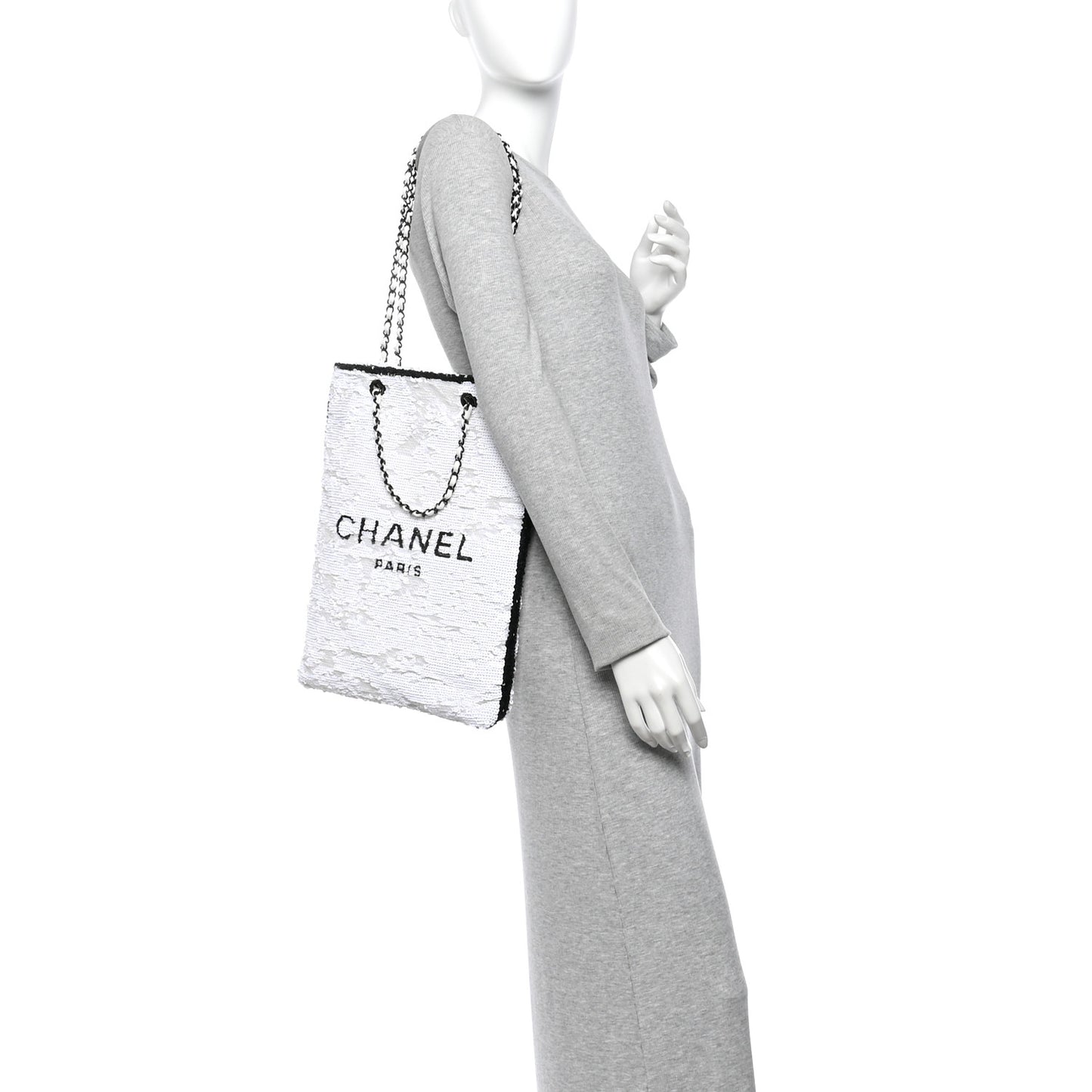 Sequin Logo Shopping Tote White Black