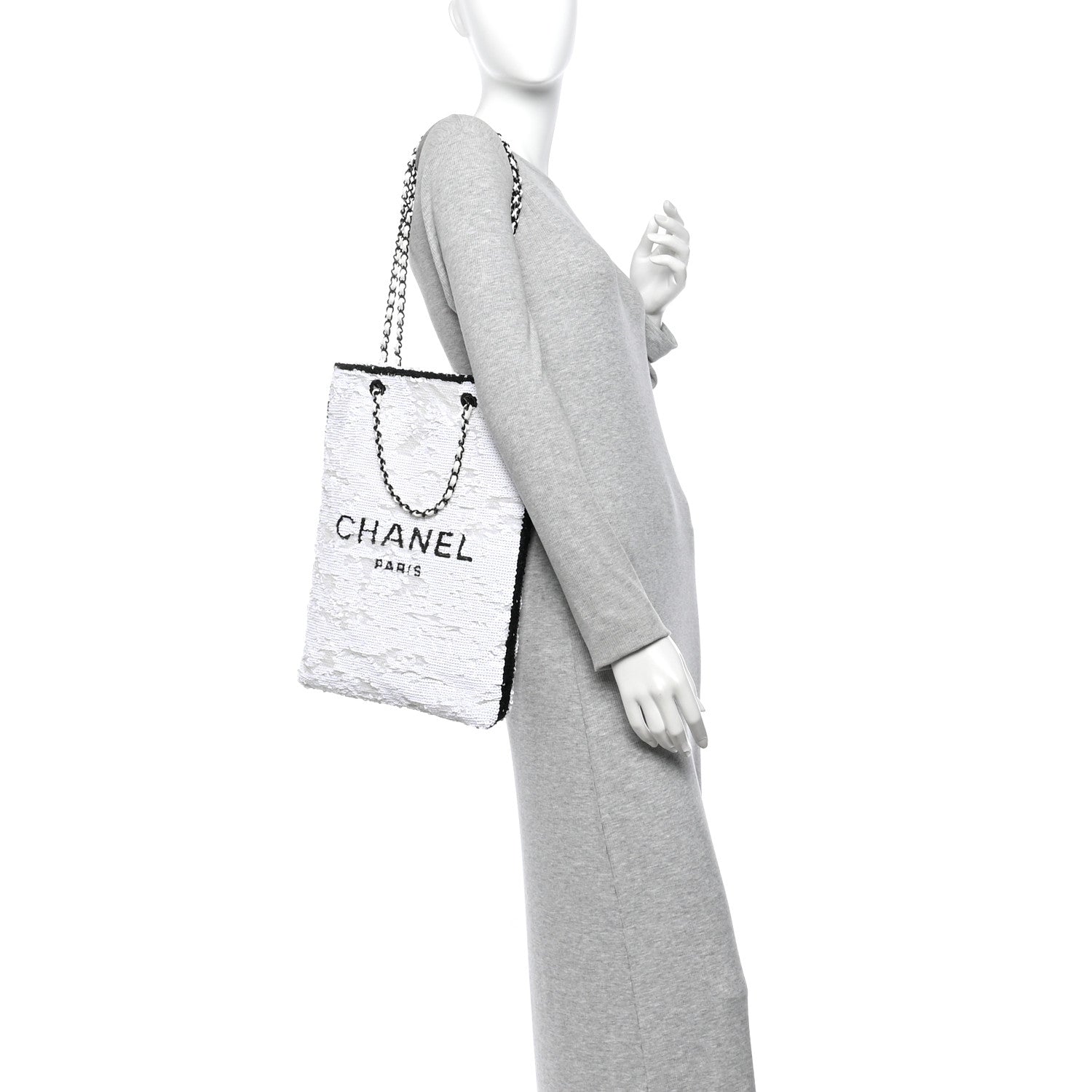 Chanel Sequin Logo Shopping Tote White Black 2 of 11