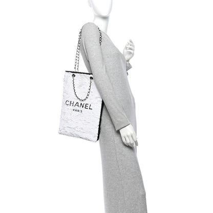 Chanel Sequin Logo Shopping Tote White Black 2 of 11
