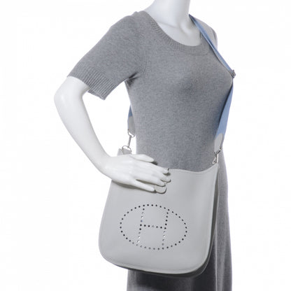 Hermes Taurillon Clemence Evelyne III PM Gris Perle w Bleu Lin Strap NEW 2 of 8
