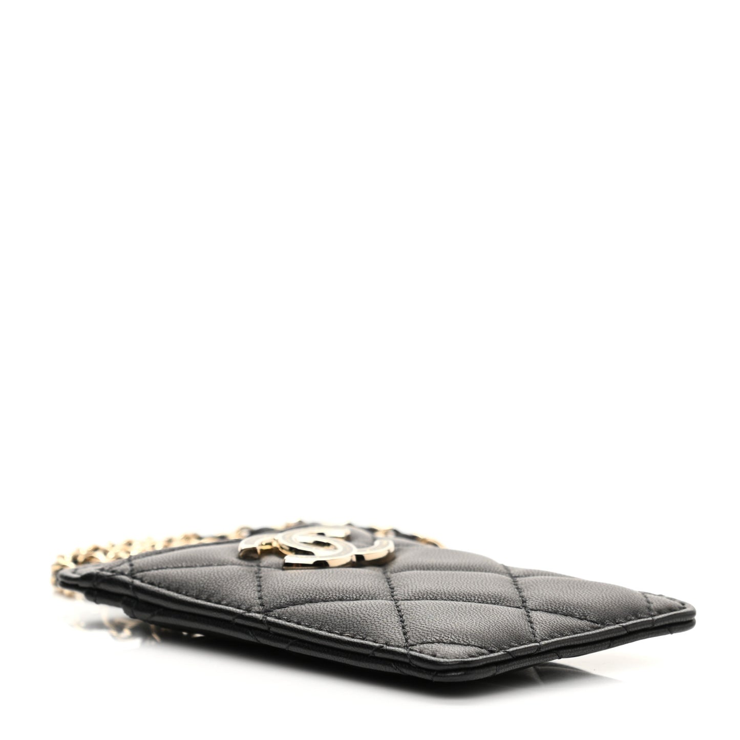 Lambskin Quilted Glitter Card Holder On Chain Black