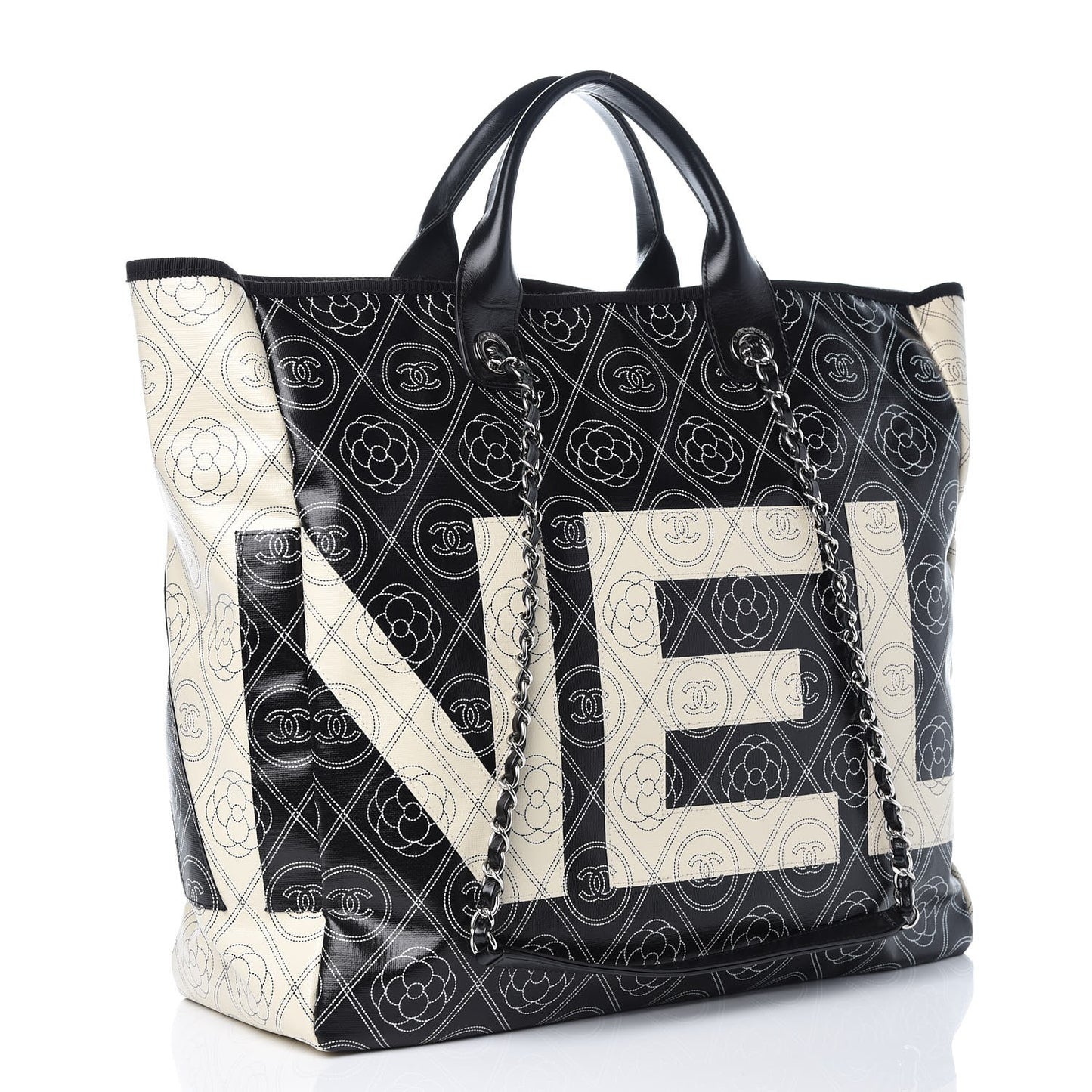 Coated Canvas Camellia Medium Shopping Tote Black Beige