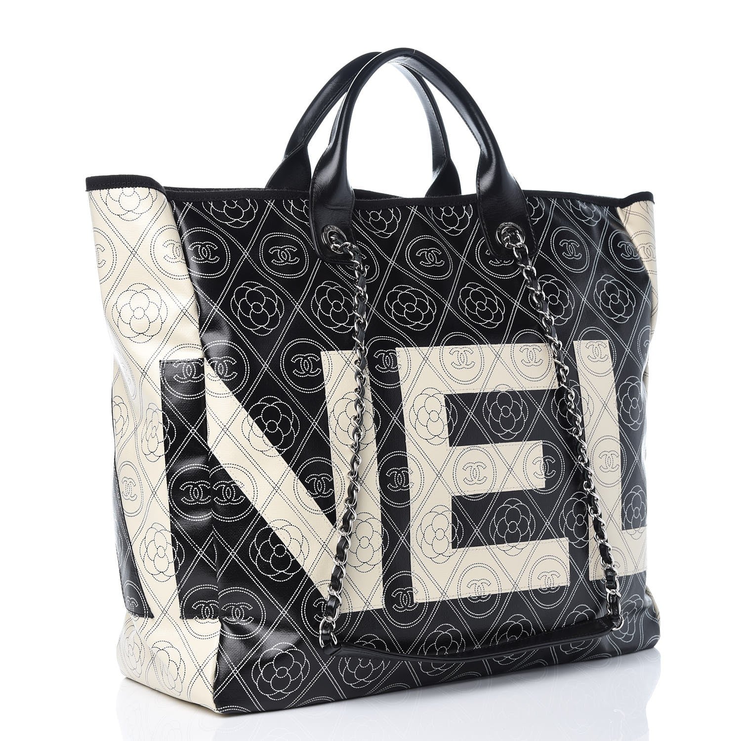 Chanel Coated Canvas Camellia Medium Shopping Tote Black Beige 4 of 8