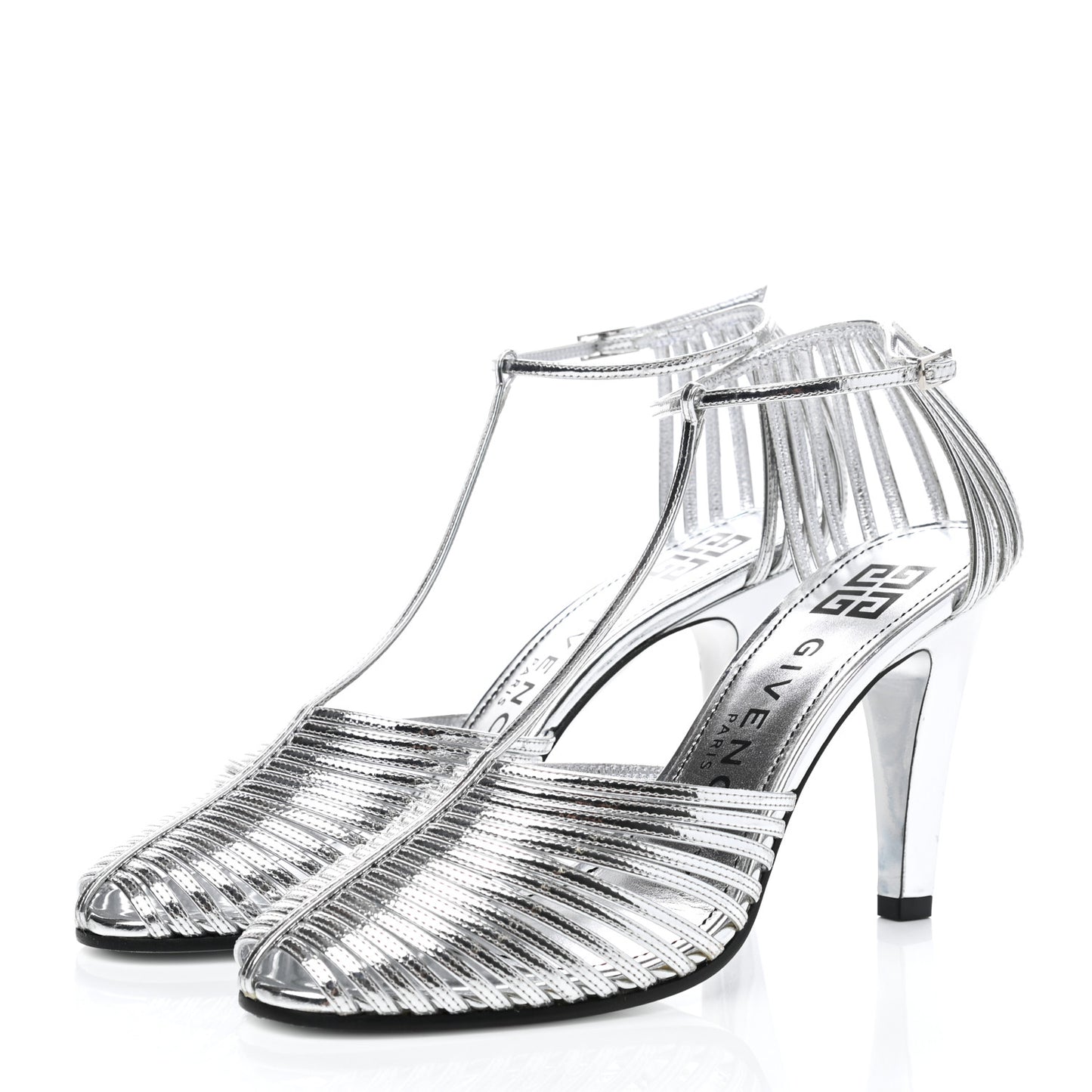 Metallic Calfskin Look Book Cage Sandals 38 Silver