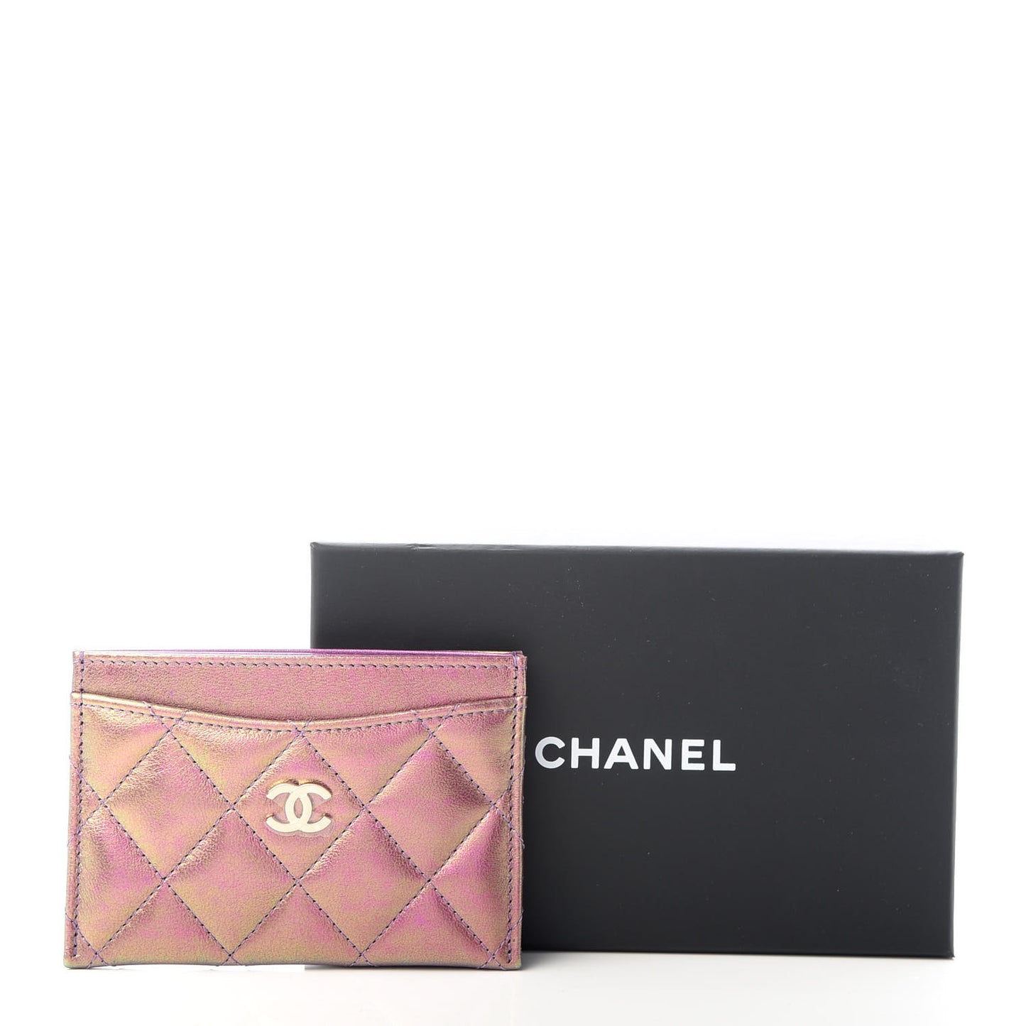 Iridescent Lambskin Quilted Card Holder Purple