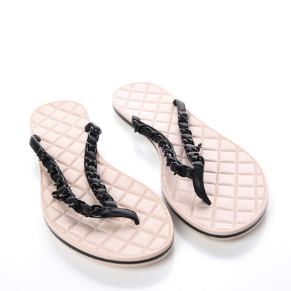 Chanel Calfskin Quilted Chain Thong Sandals 38 Black 10 of 14