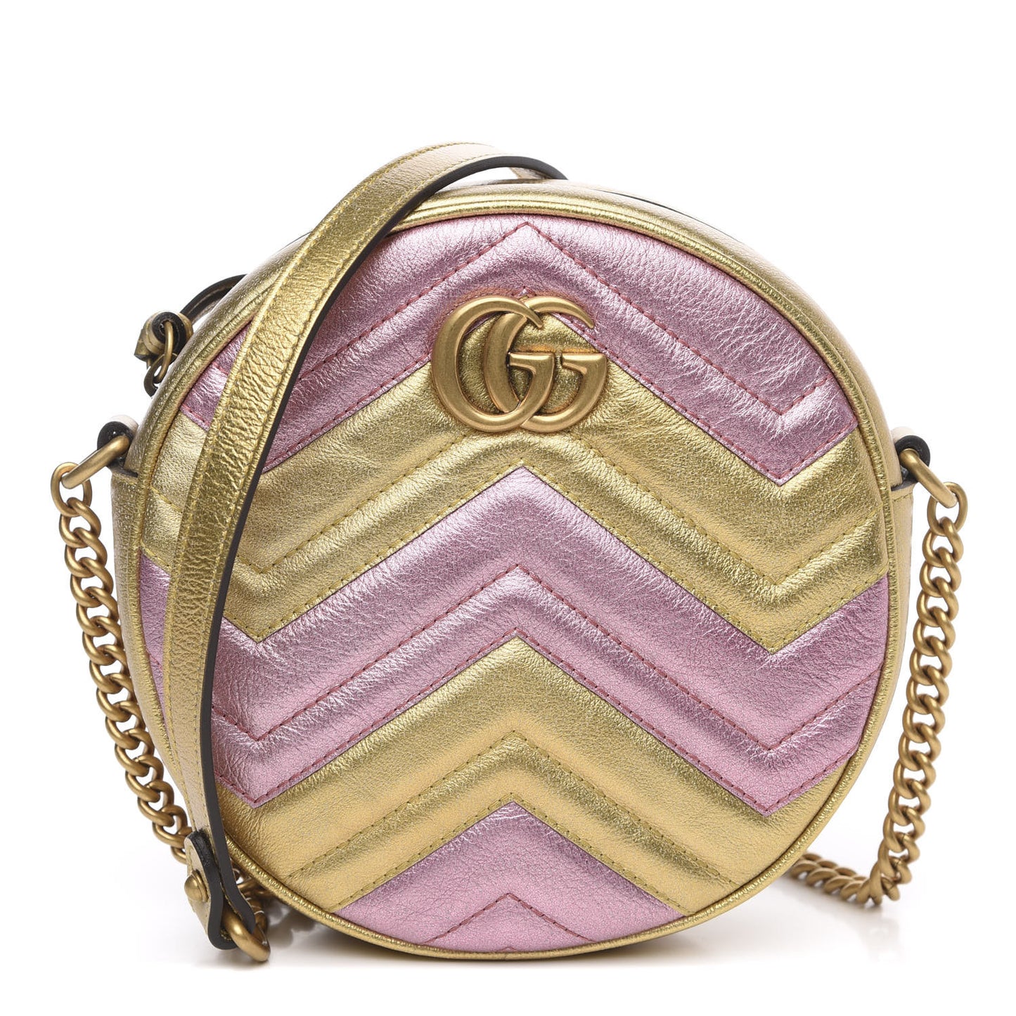 Metallic Nappa Matelasse Heart Mini GG Marmont Round Shoulder Bag Oro Vecchio Rosa