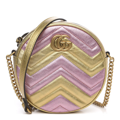 Gucci Metallic Nappa Matelasse Heart Mini GG Marmont Round Shoulder Bag Oro Vecchio Rosa 1 of 10