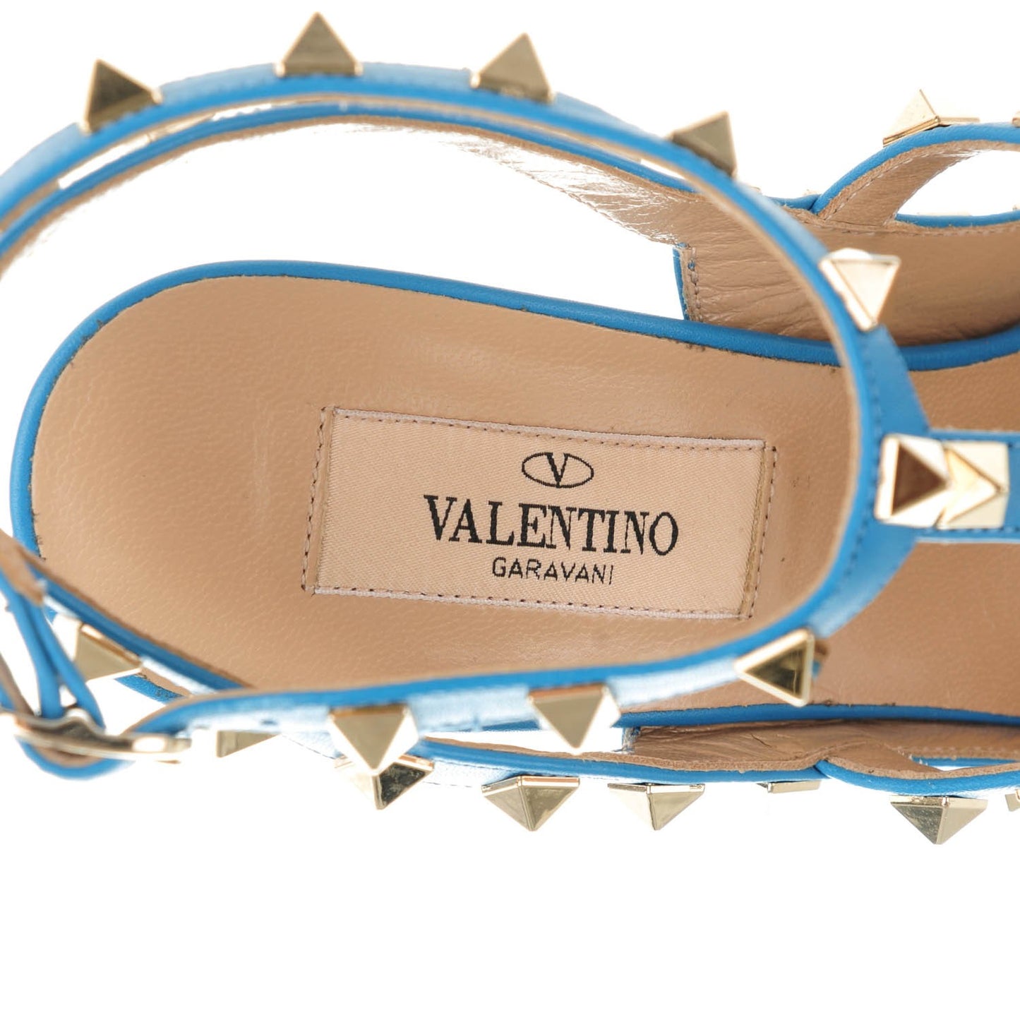 Pebbled Calfskin Rockstud Ankle Strap Pumps 36 Light Blue