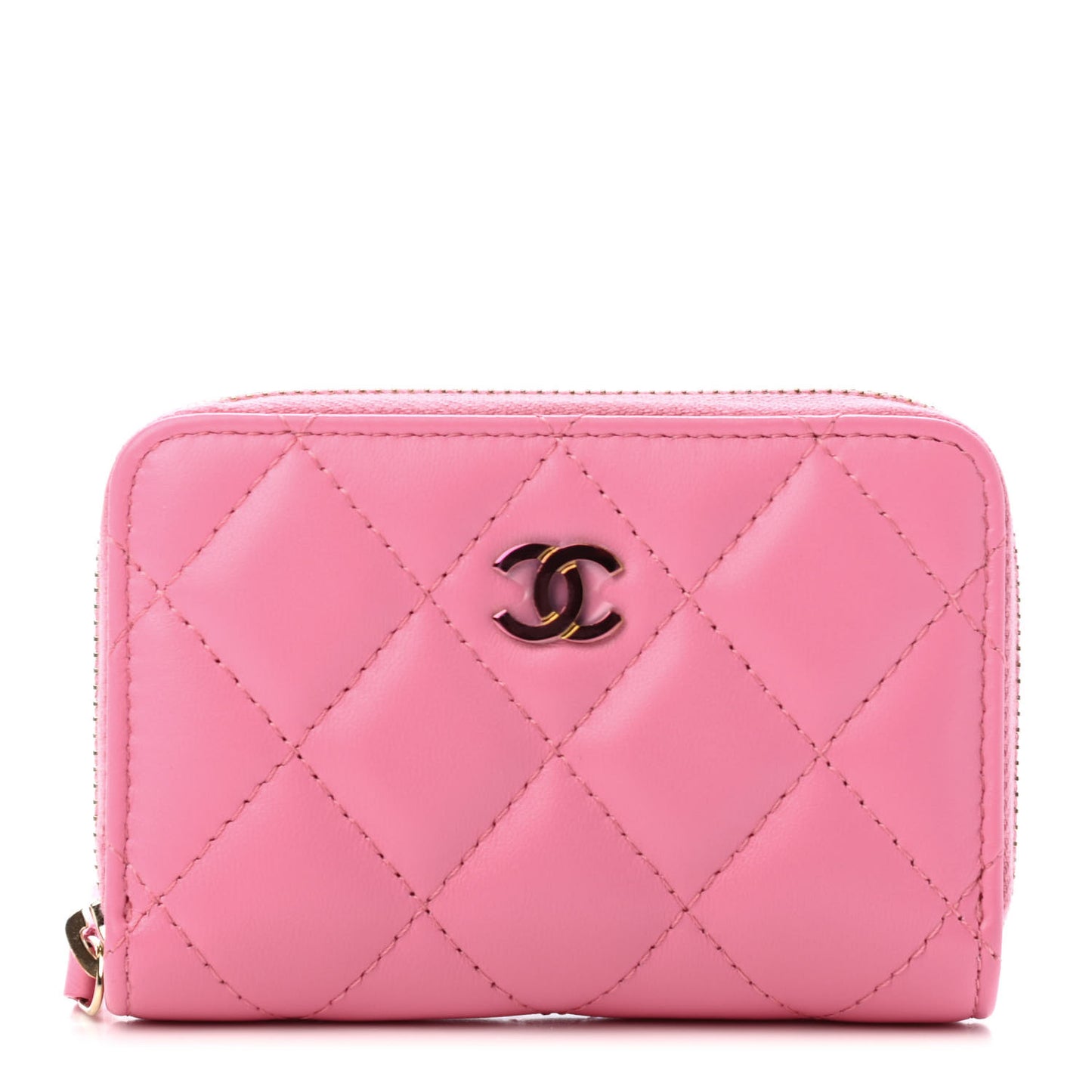 Lambskin Quilted Zip Around Coin Purse Wallet Pink Yellow
