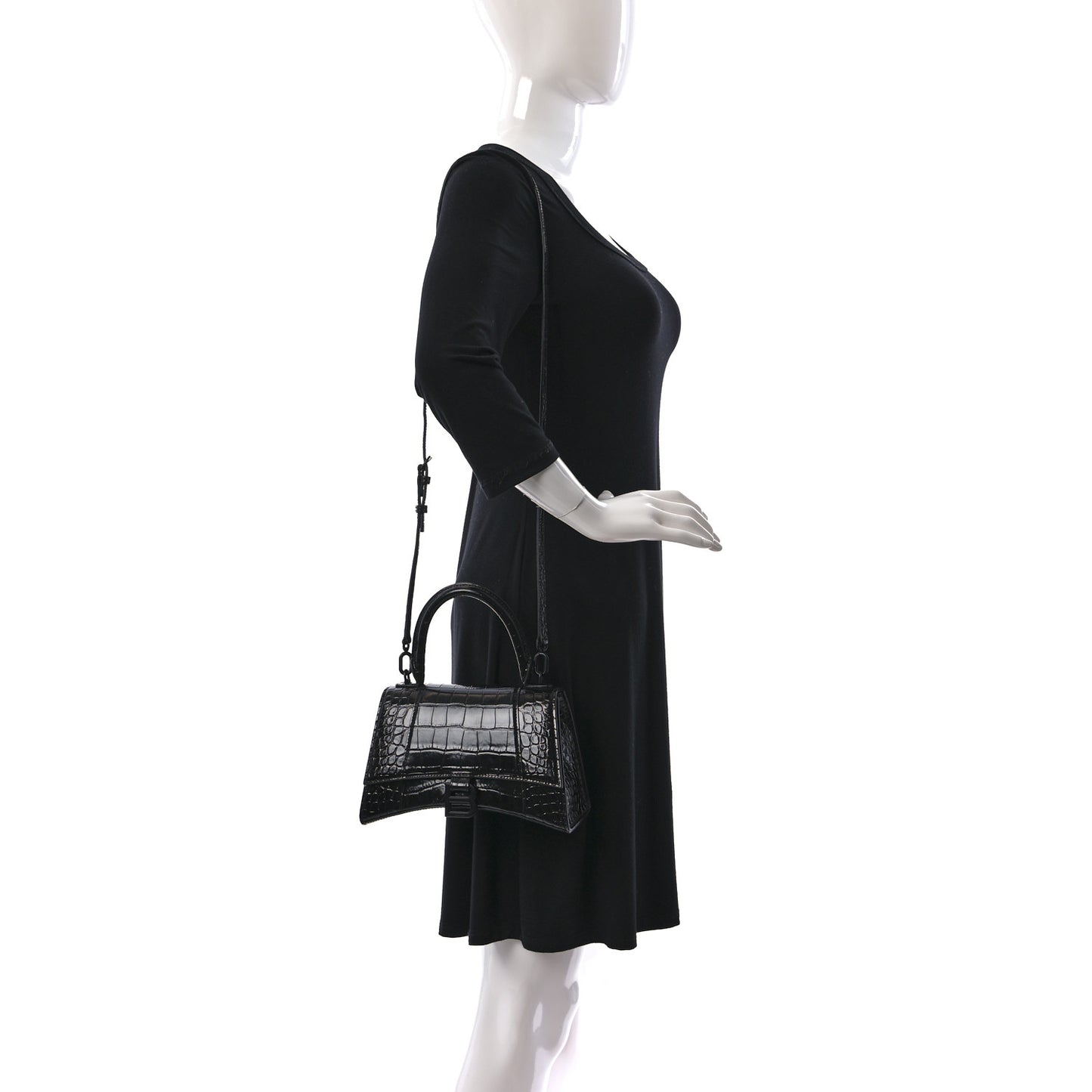 Shiny Calfskin Monochrome Crocodile Embossed Small Hourglass Top Handle Bag Black