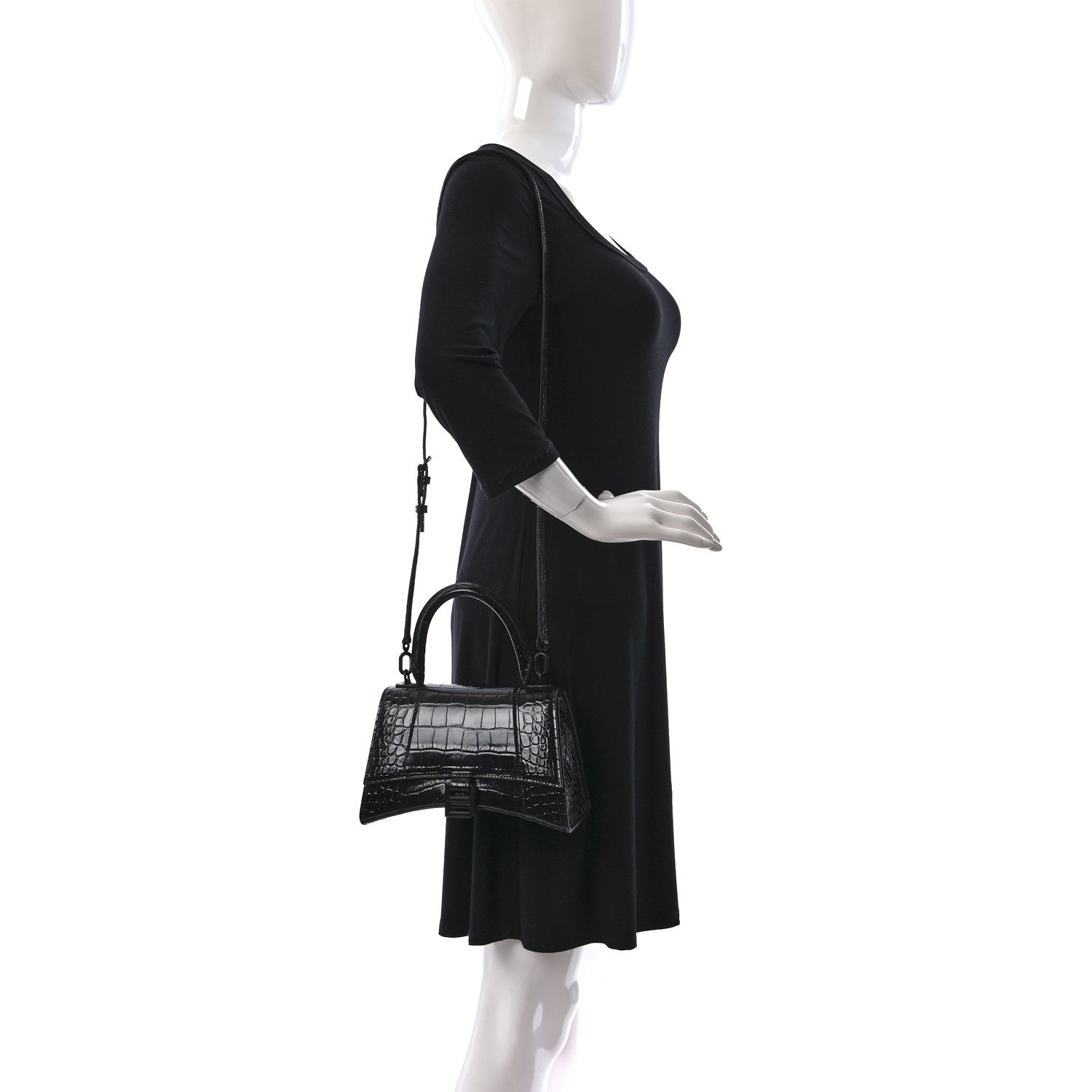 Balenciaga Shiny Calfskin Monochrome Crocodile Embossed Small Hourglass Top Handle Bag Black 2 of 10