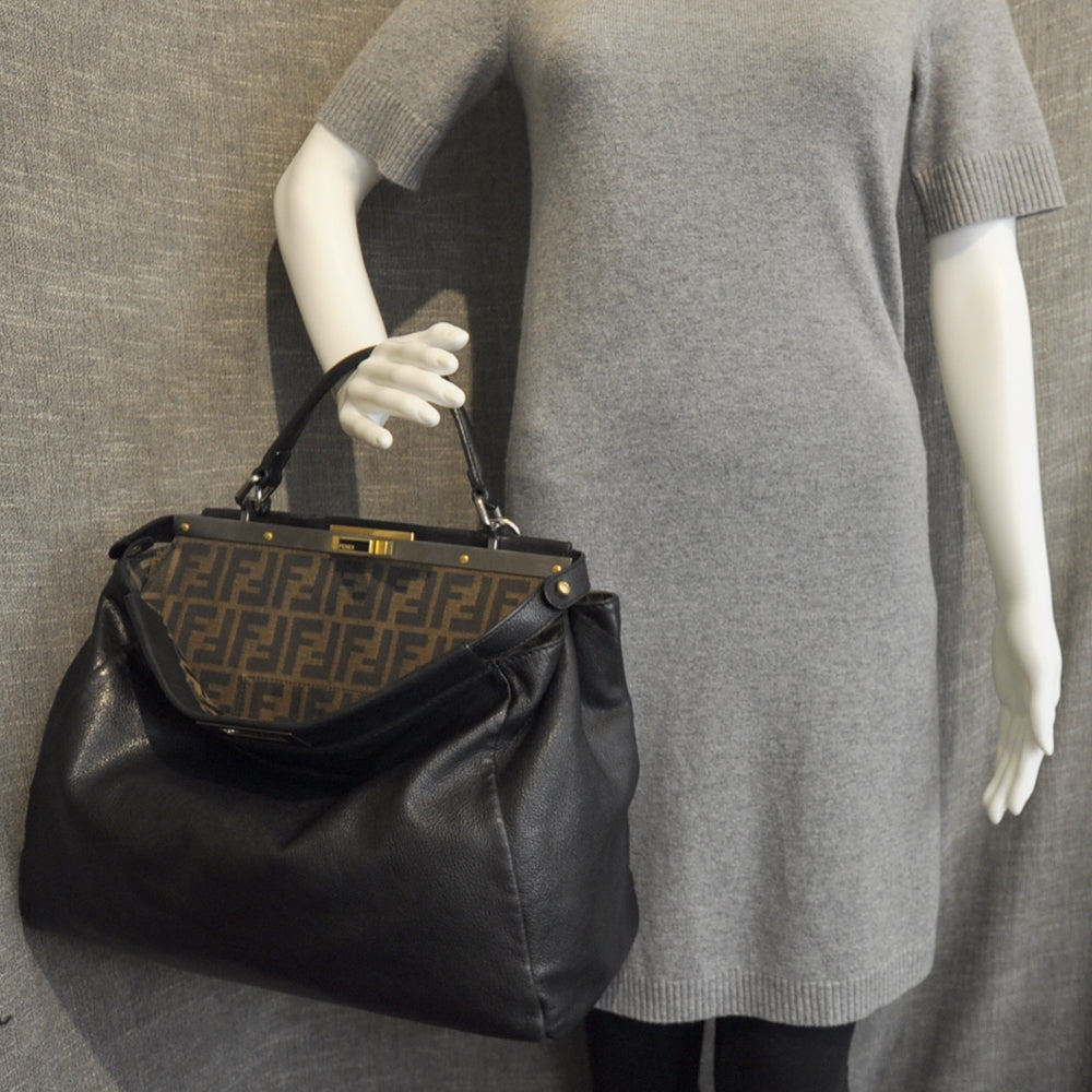 Fendi Goatskin Zucca Large Peekaboo Iconic Satchel Black Tobacco 3 of 12