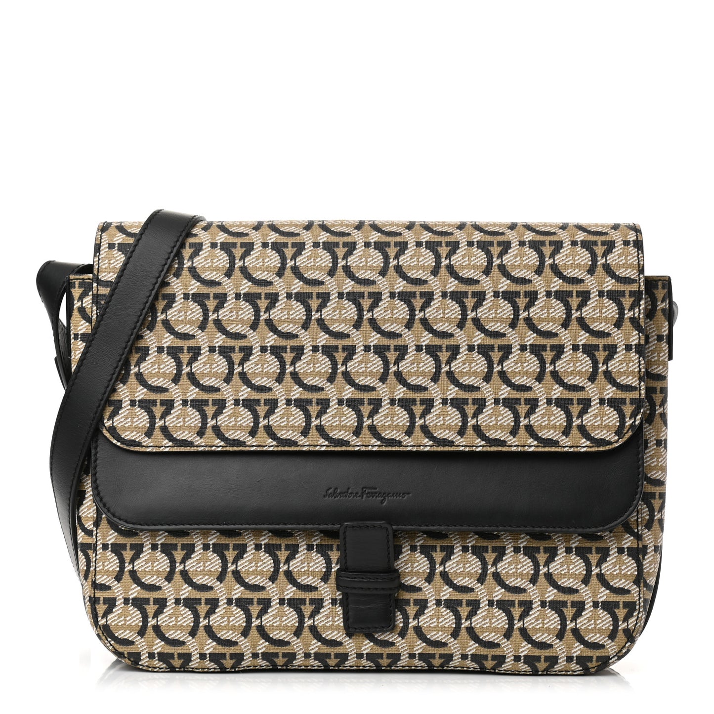 Canvas Calfskin Gancini Messenger Black Beige