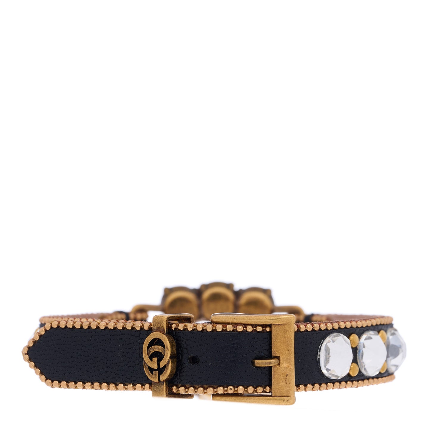 Metal Calfskin Crystal Double G Bracelet Black