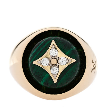 Louis Vuitton 18K Yellow Gold Diamond Malachite Blossom Signet Ring 49 5 1 of 6