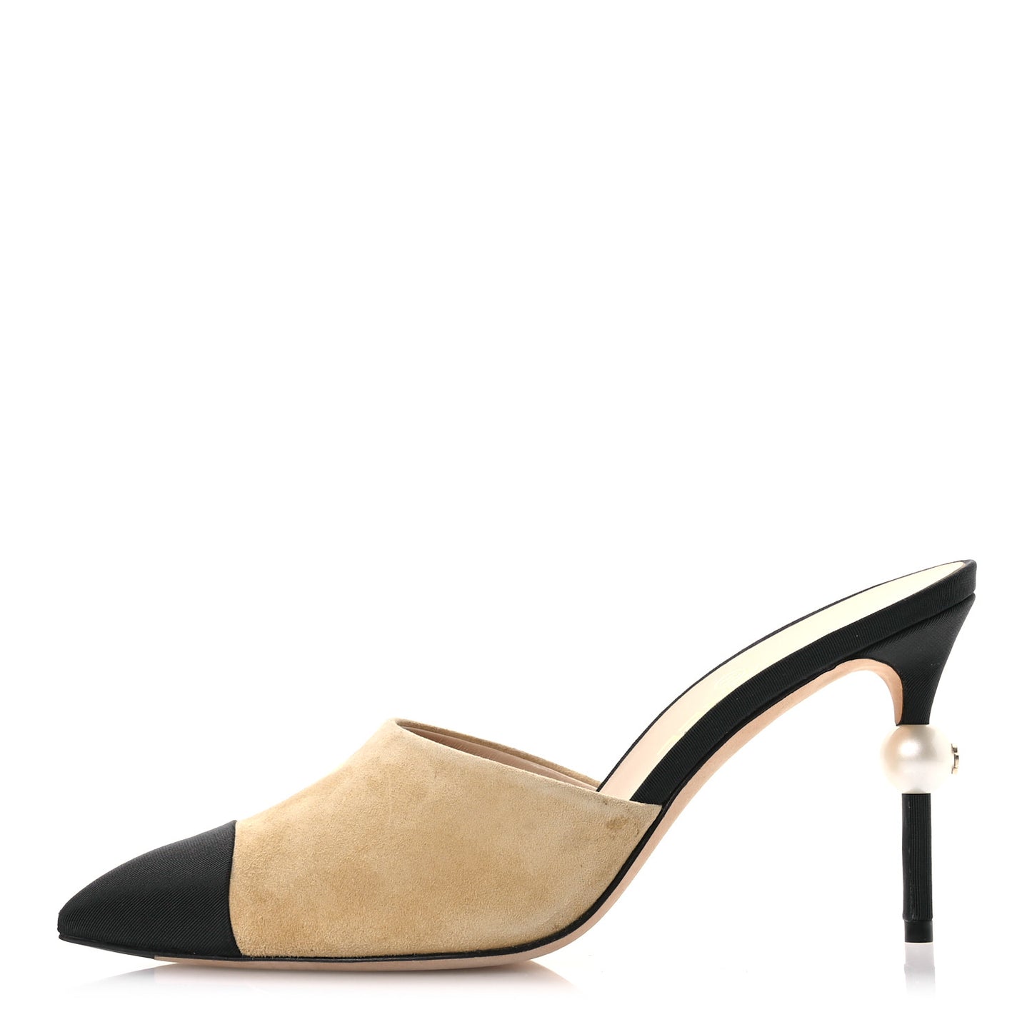 Suede Grosgrain Cap Toe CC Mules 39 Beige Black