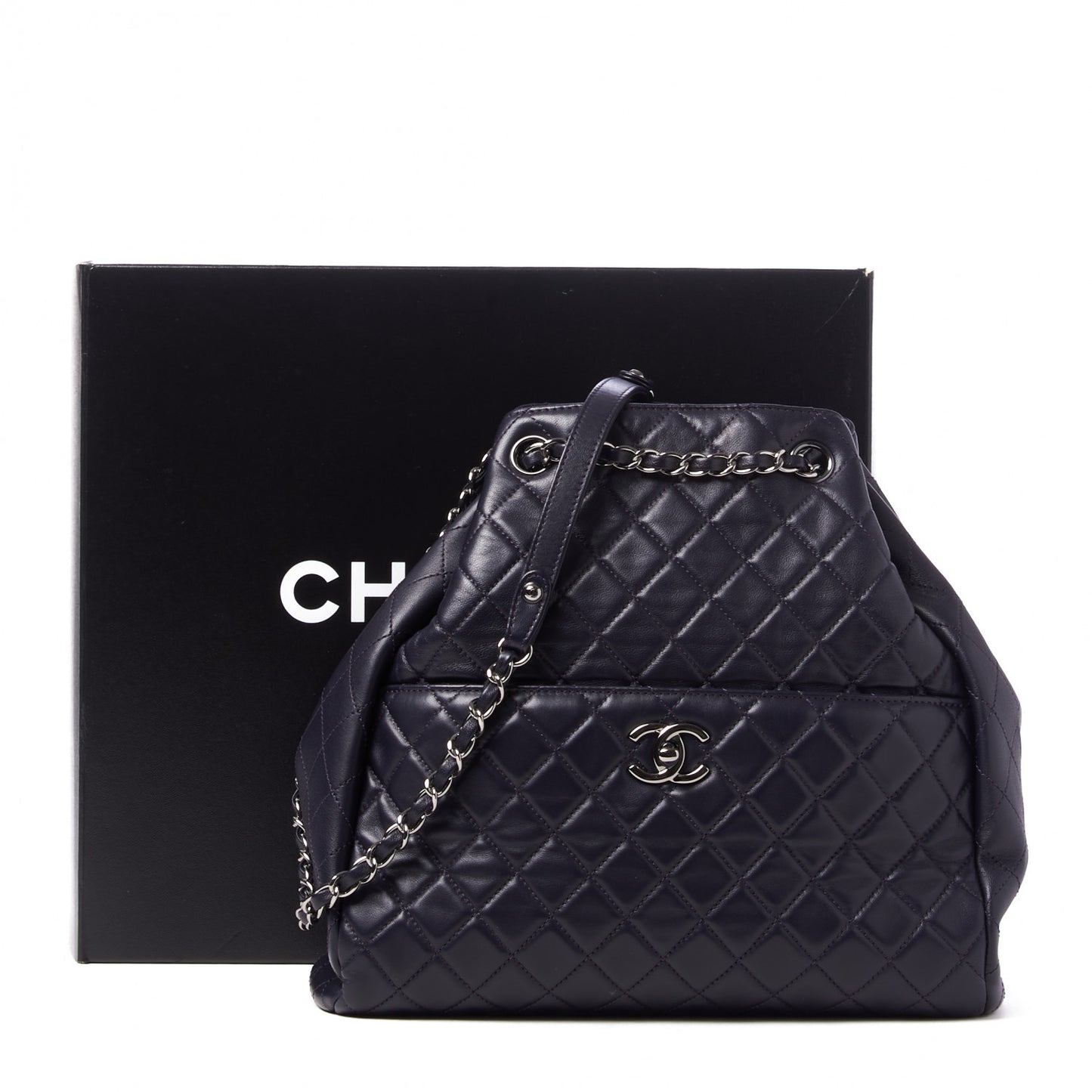 Lambskin Quilted Large Drawstring Shoulder Bag Dark Purple