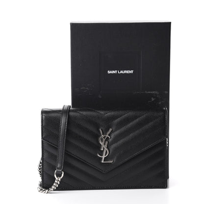 Saint Laurent Grain De Poudre Matelasse Chevron Monogram Envelope Chain Wallet Black 13 of 13