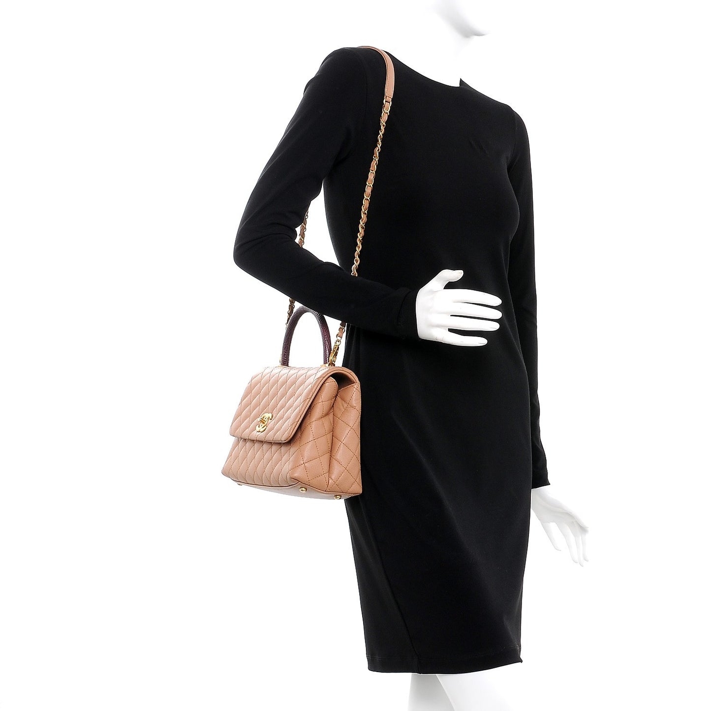 Caviar Lizard Quilted Small Coco Handle Flap Beige