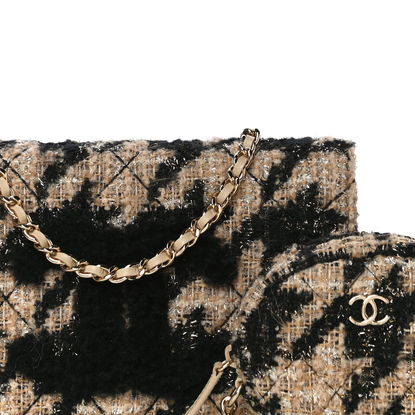 Tweed Shearling Quilted Chanel Wallet On Chain WOC and Coin Purse Beige Black