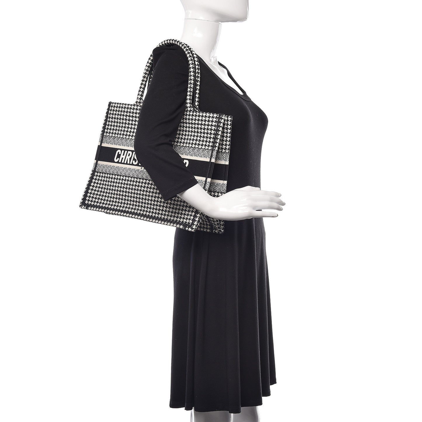 Canvas Houndstooth Embroidered Medium Book Tote Black White