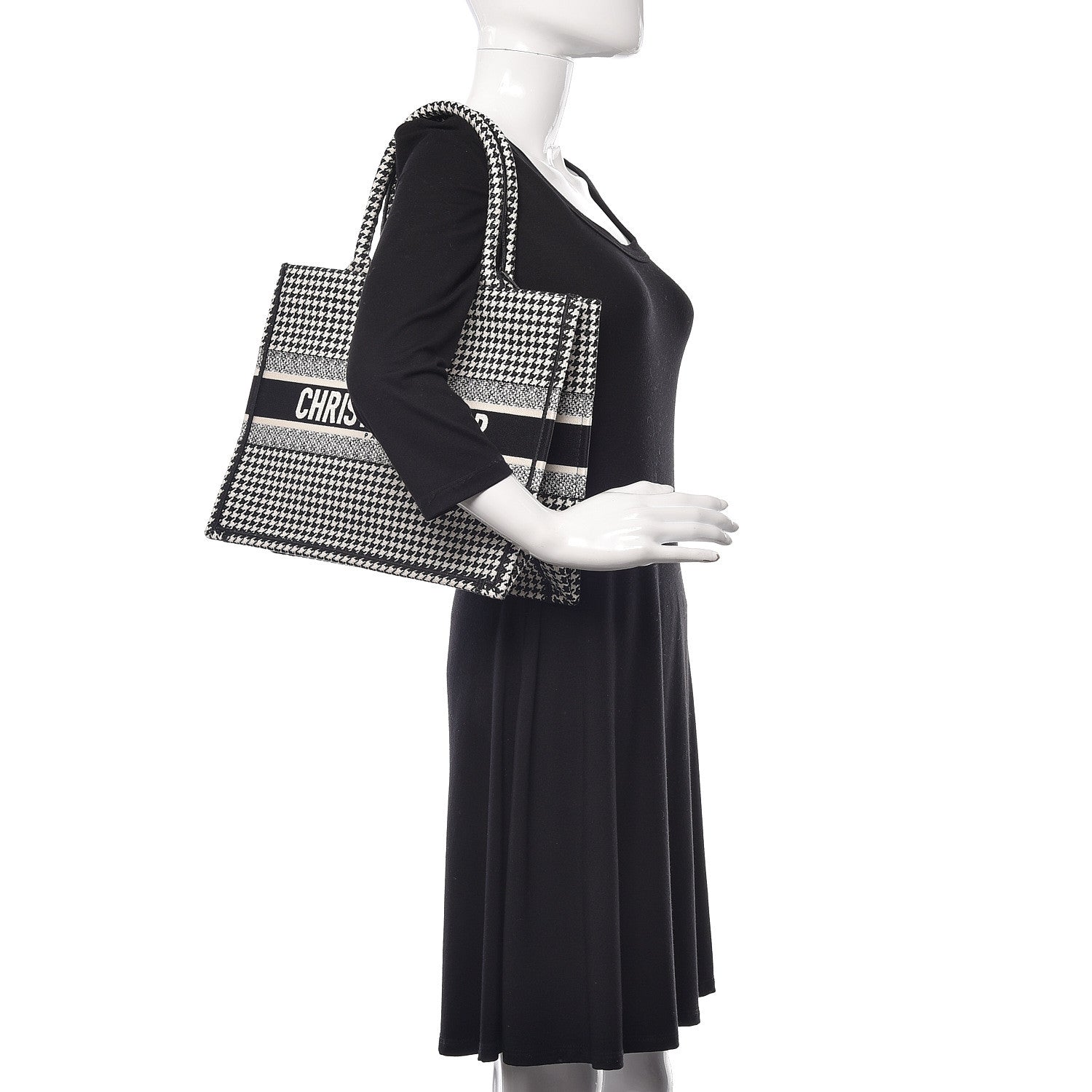 Christian Dior Canvas Houndstooth Embroidered Medium Book Tote Black White 2 of 10