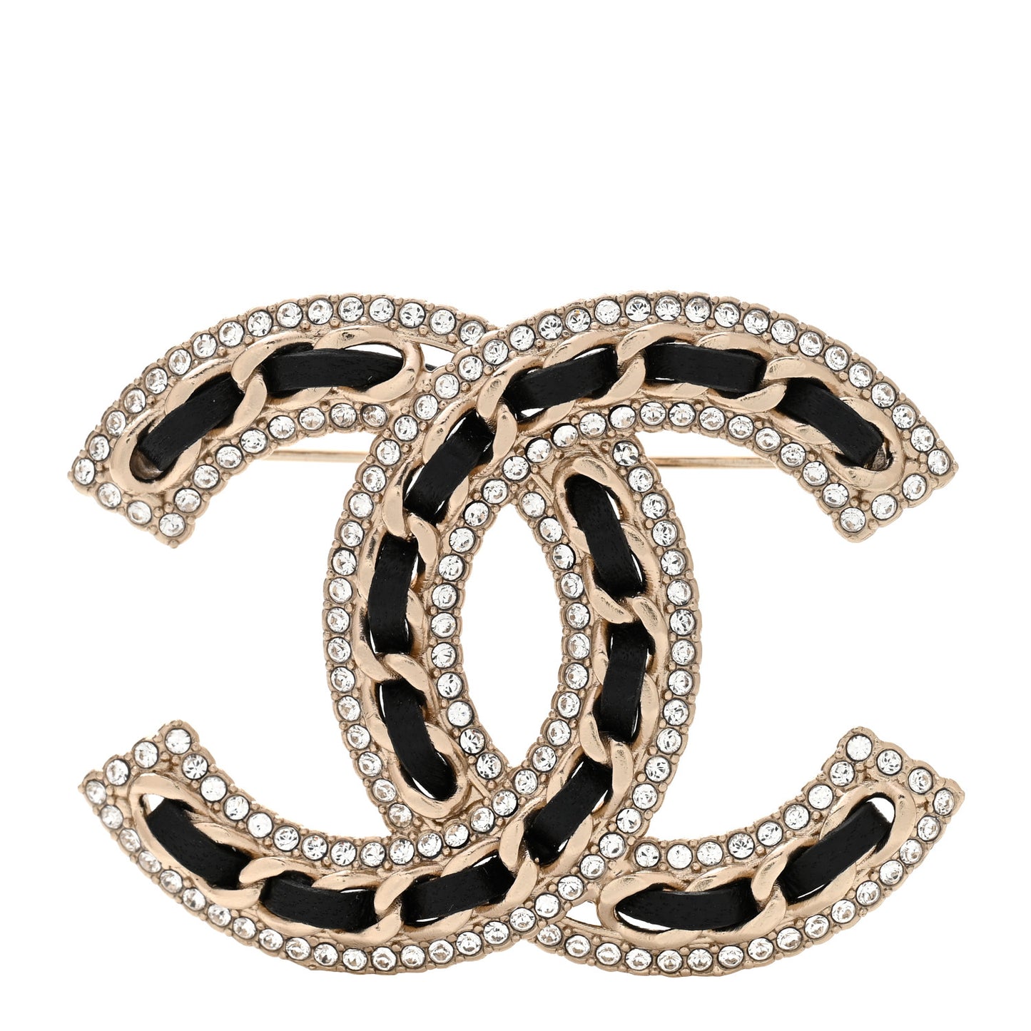 Lambskin Crystal CC Chain Brooch Black Gold
