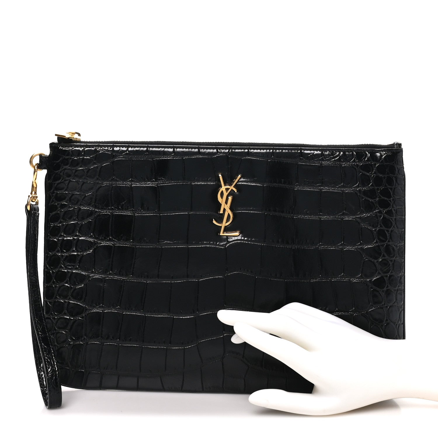 Saint Laurent Calfskin Crocodile Embossed Tablet Pouch Black 2 of 9