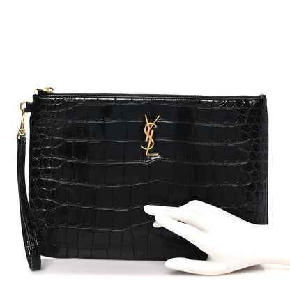 Saint Laurent Calfskin Crocodile Embossed Tablet Pouch Black 2 of 9