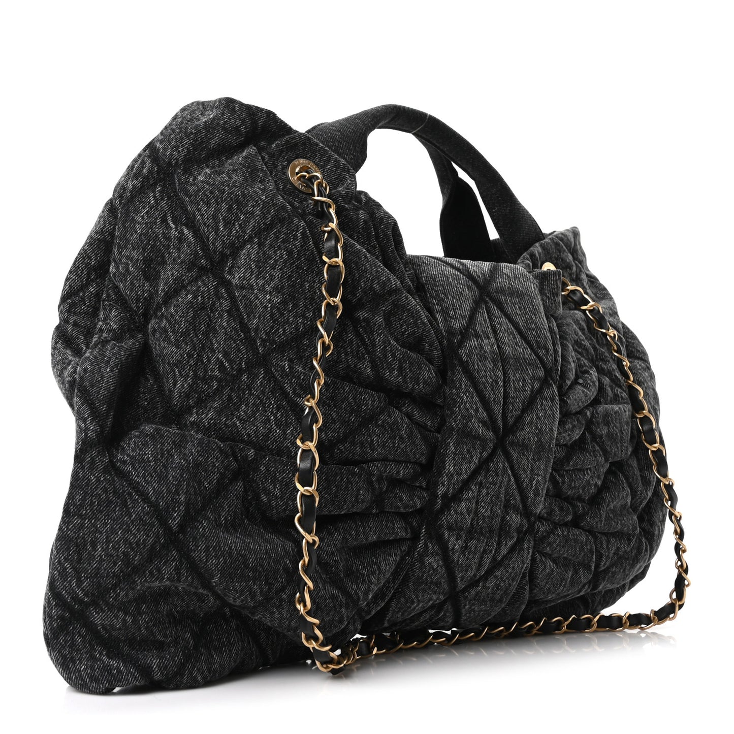 Washed Denim Quilted Maxi Bow Bag Black