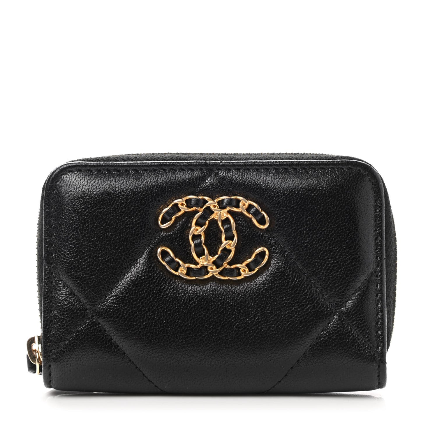 Shiny Goatskin Quilted Chanel 19 Zip Around Coin Purse Wallet Black