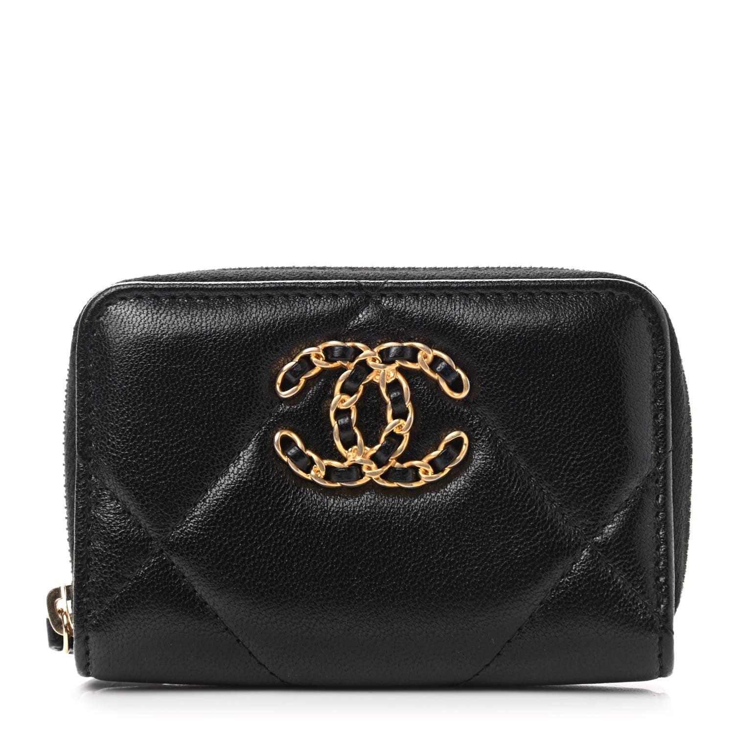 Chanel Shiny Goatskin Quilted Chanel 19 Zip Around Coin Purse Wallet Black 1 of 8