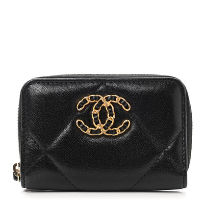 Chanel Shiny Goatskin Quilted Chanel 19 Zip Around Coin Purse Wallet Black 1 of 8