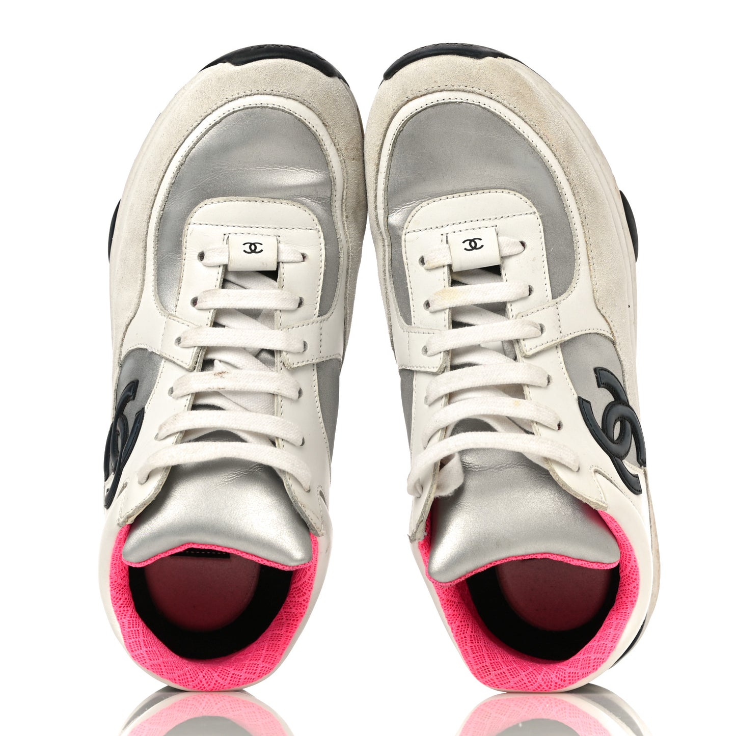 Calfskin Fabric Sneakers 37.5 White Silver Fluo Pink