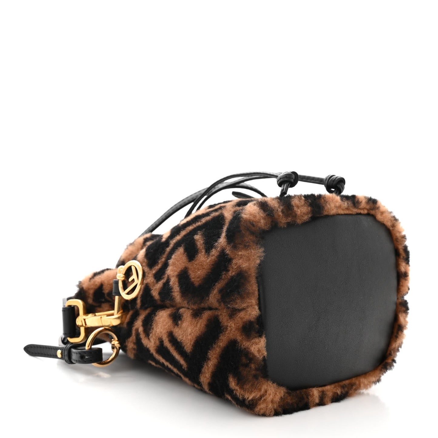 Shearling Vitello Dolce F is Fendi Macro FF 1974 Mini Mon Tresor Bucket Bag Tobacco Black