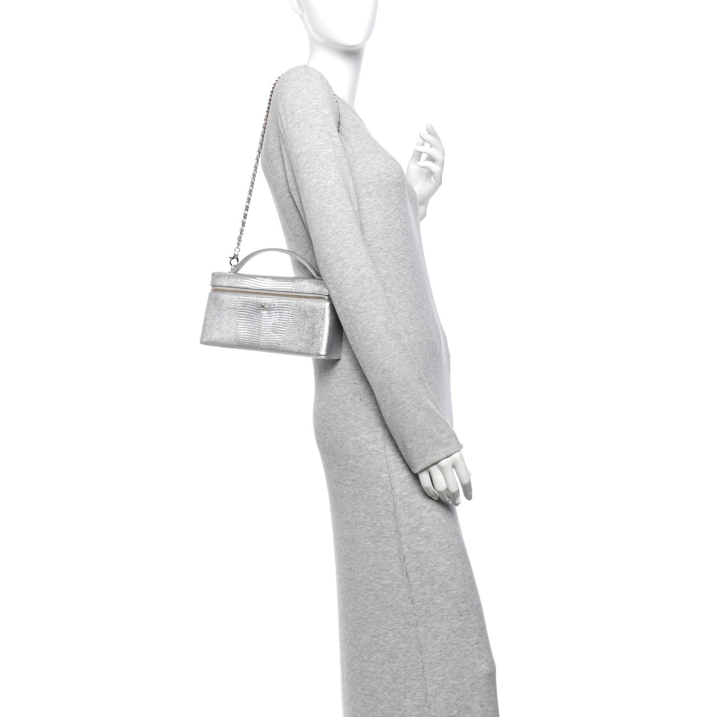 Lizard Embossed Top Handle Slim Vanity With Chain Silver